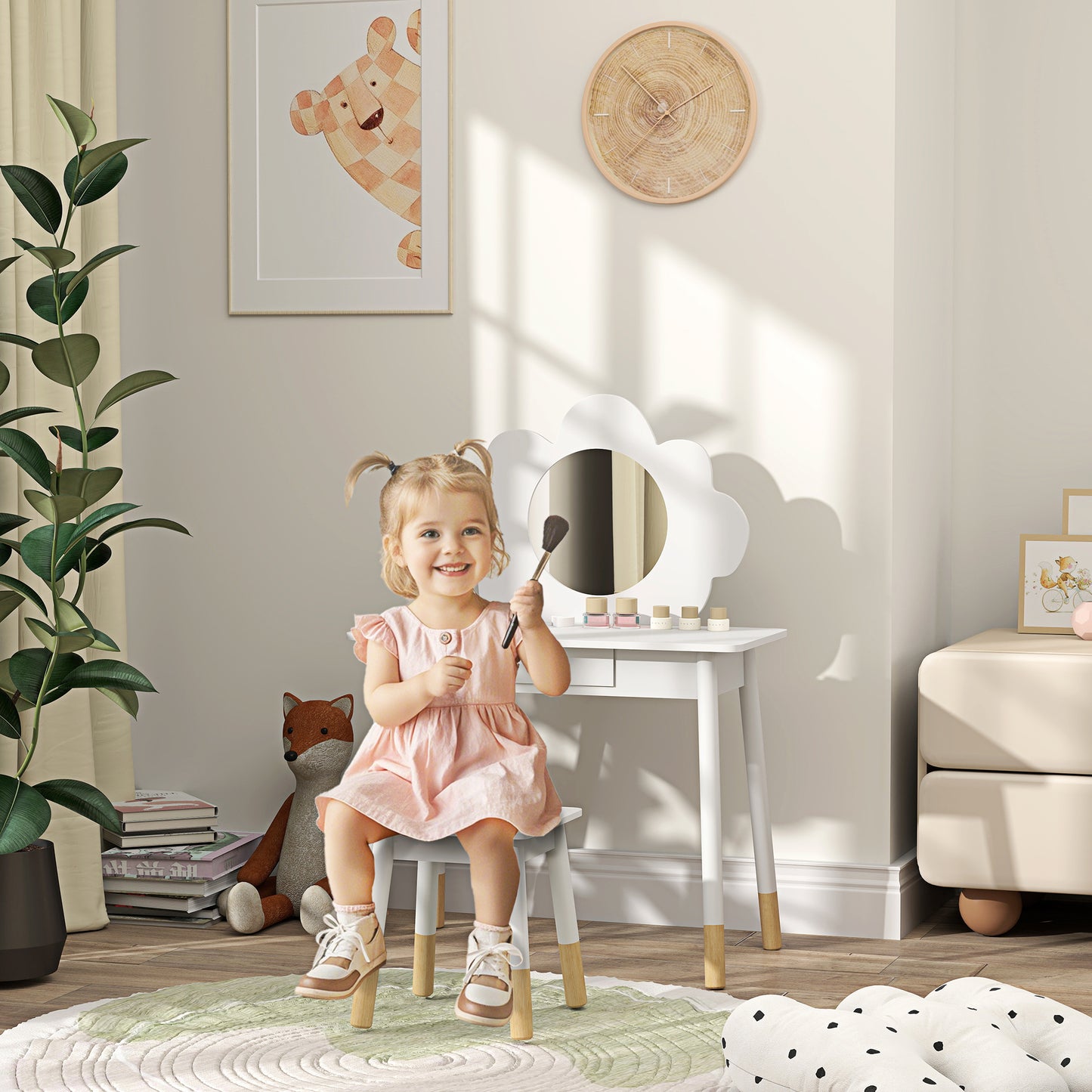 Kids Dressing Table with Mirror, Stool, Drawer, Cloud Design