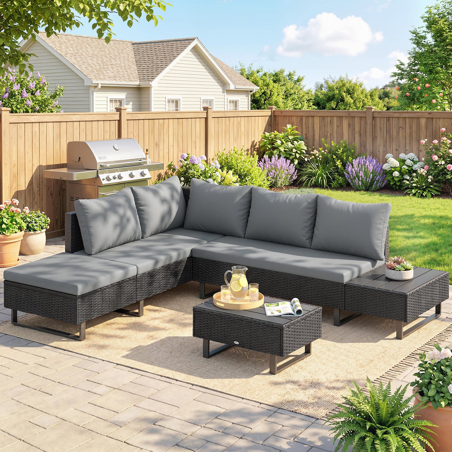 5 Seater Rattan Garden Furniture Set, L Shaped Garden Corner Sofa (1)