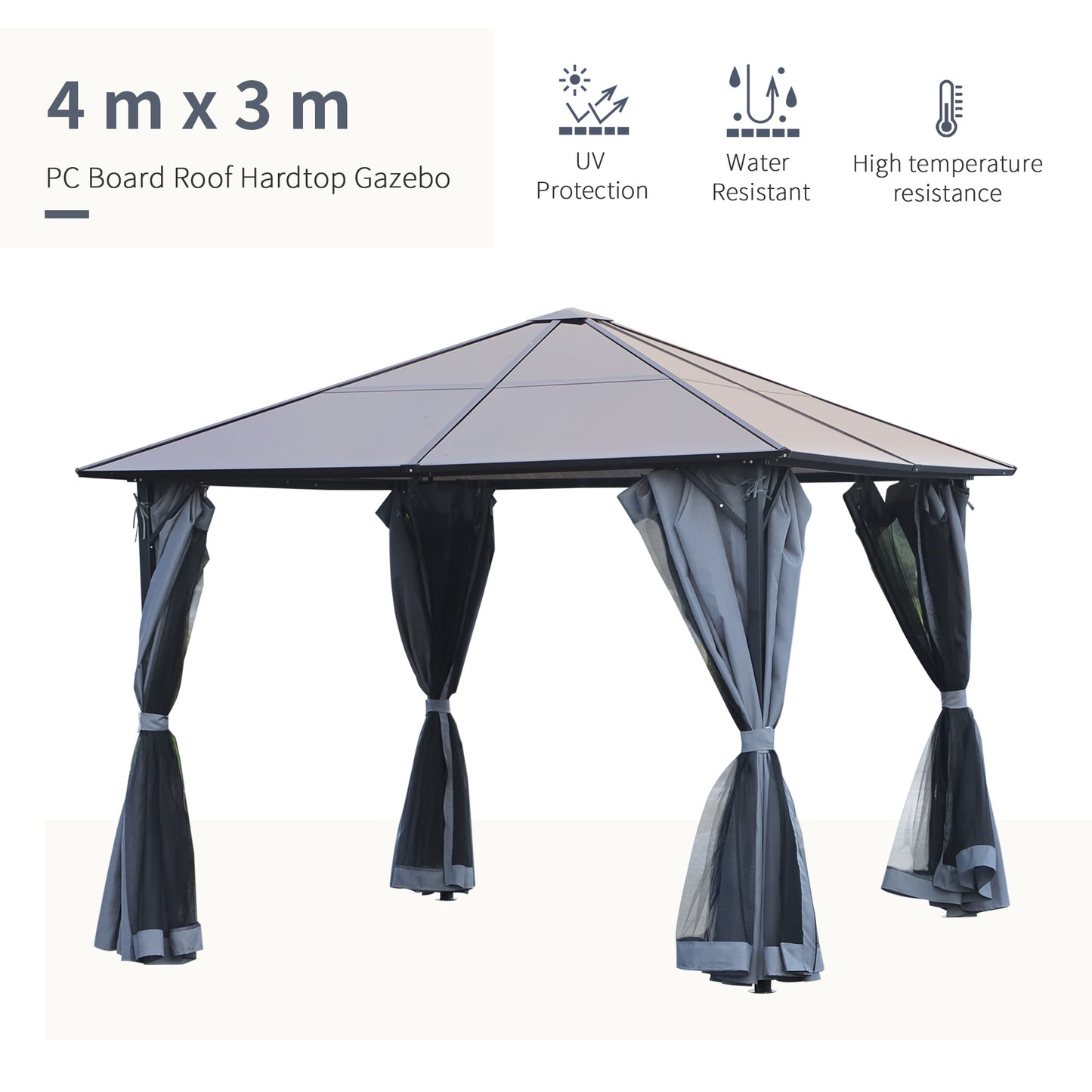 3m x 3m Hardtop Metal Frame Gazebo with 4 curtains