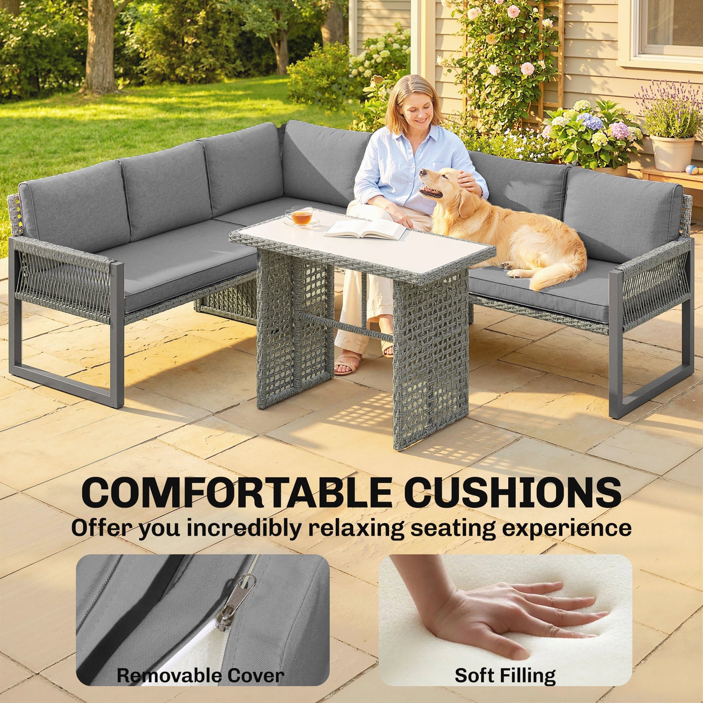 6 Seater Rattan Garden Furniture Set with 3 Loveseats, Table