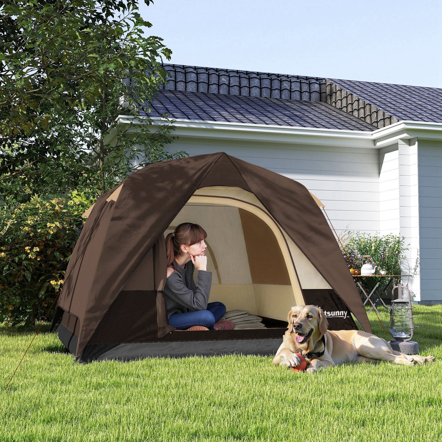 3-4 Person Camping Tent, Easy Set Up 3-4 Man Tent w/ Sewn-in