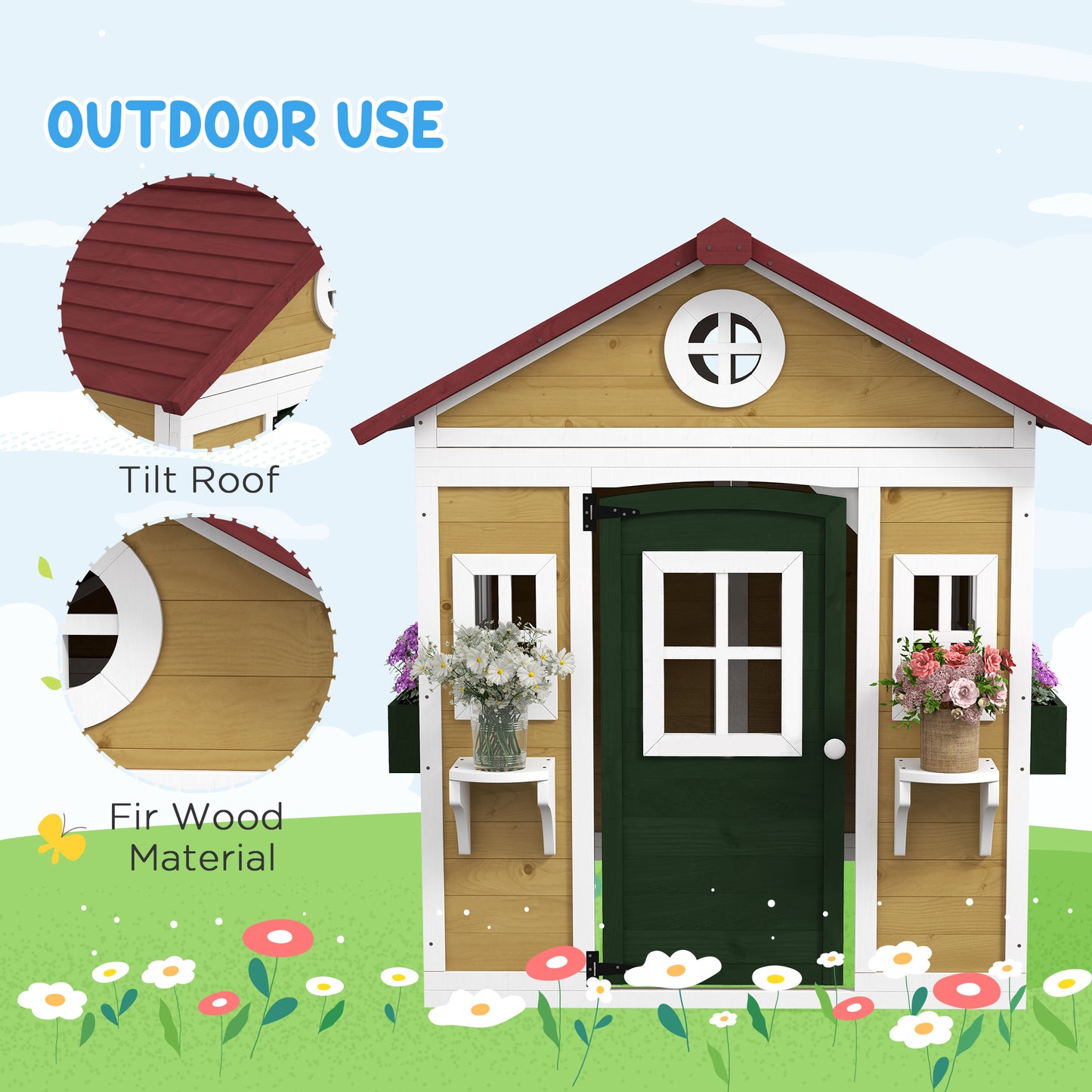 Wooden Playhouse with Doors, Windows, Plant Pots, Boxes, for 3-8 Years