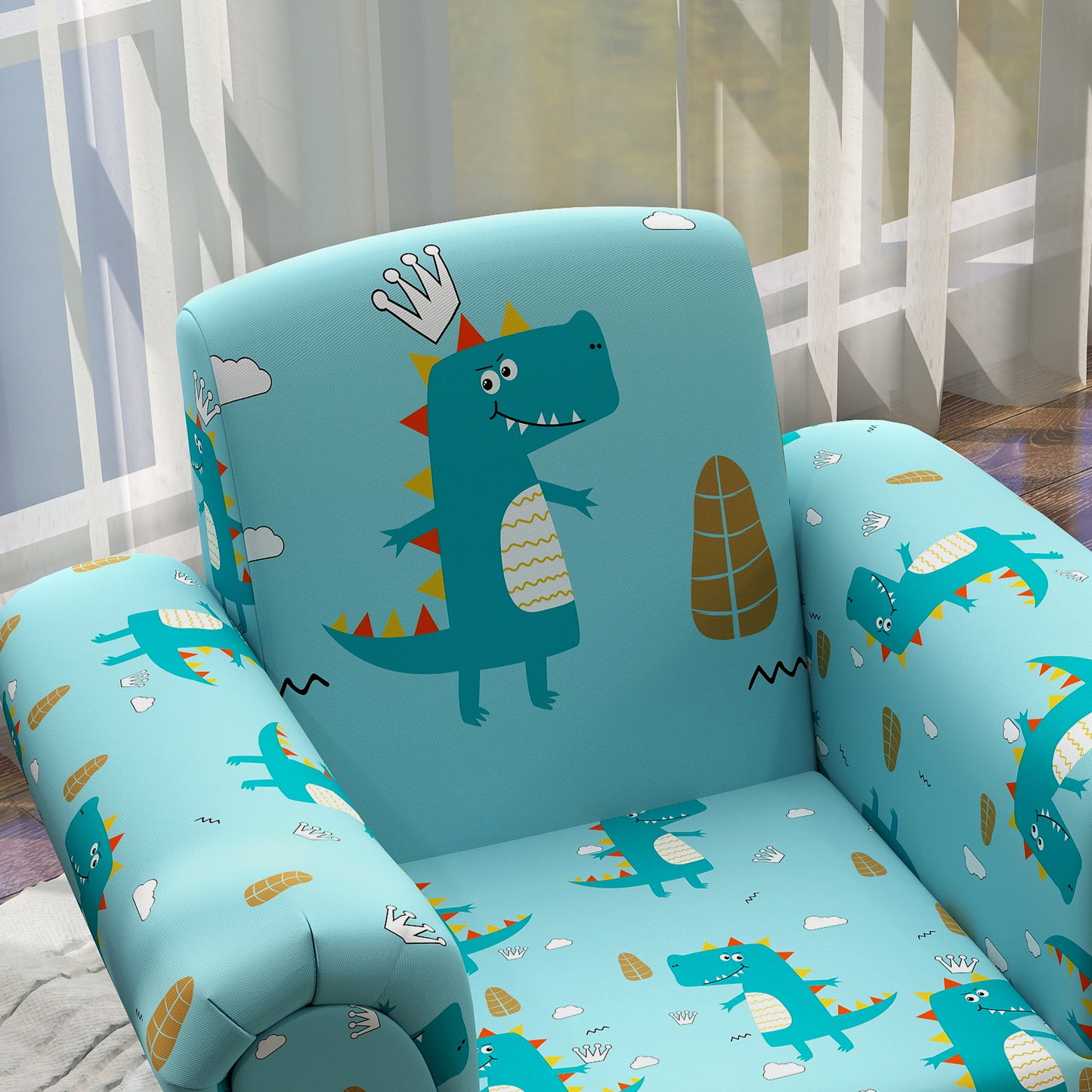 2 Piece Kids Sofa Set with Dinosaur Design, Wooden Frame