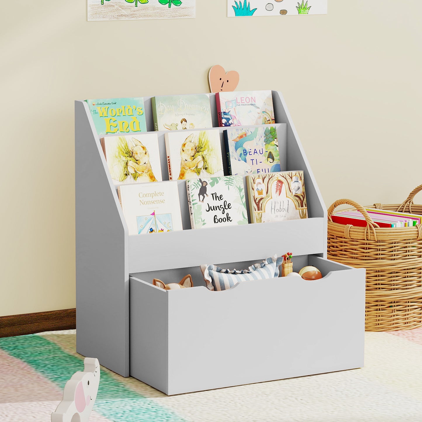 Bookcase for Kids with Shelves, Drawer, Bookcase for Bedroom, Playroom