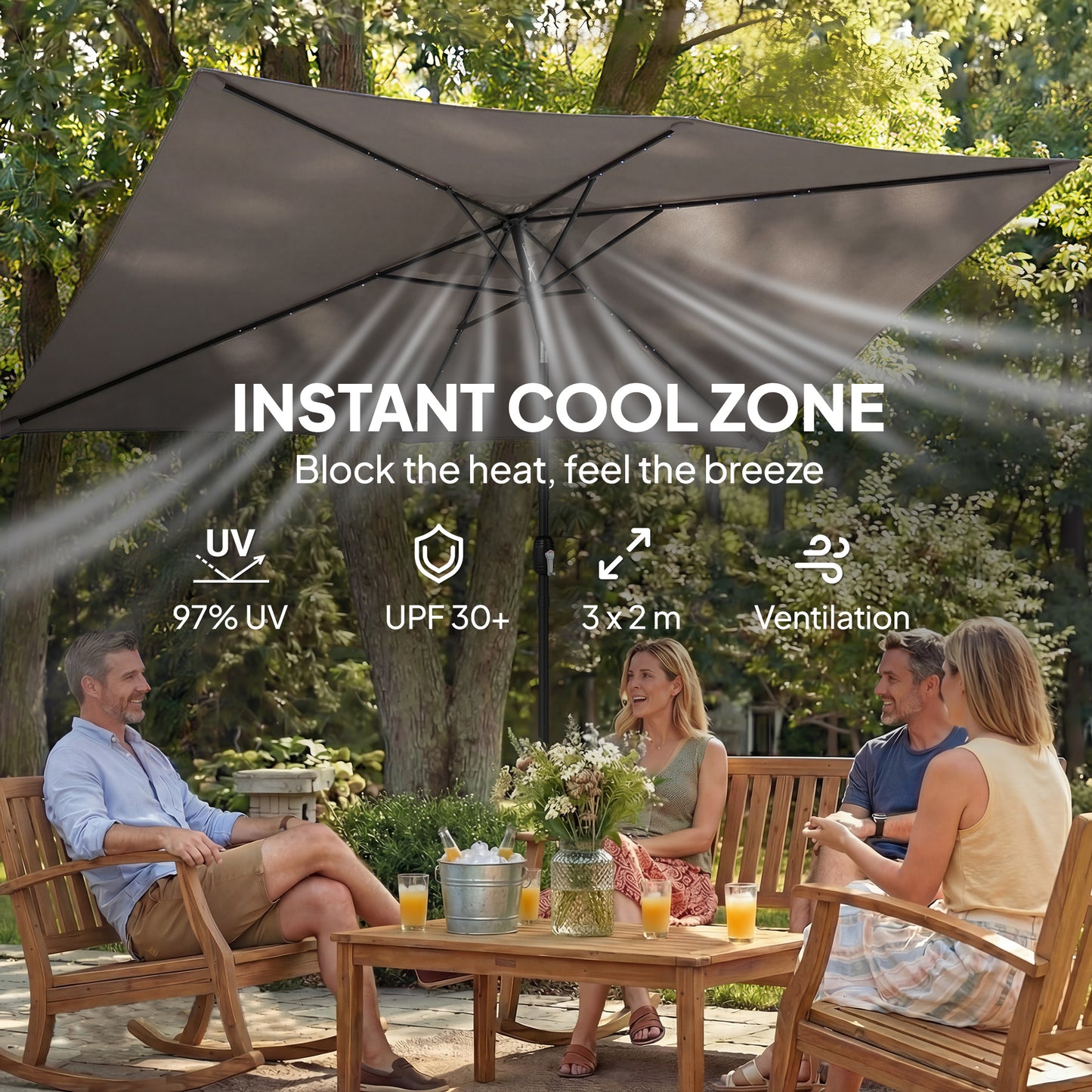 3 x 2 m Garden Parasol Umbrella with LED Solar Light, Parasol Cover
