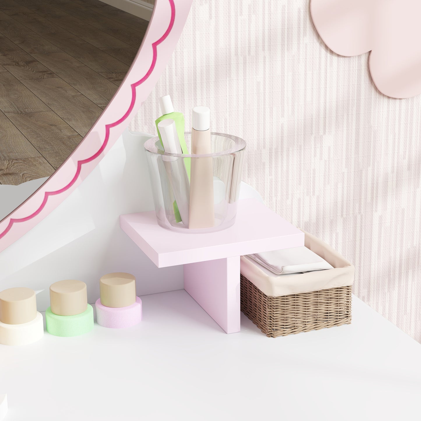 Kids Dressing Table Set, Vanity Table with Stool, Mirror, Drawer (2)