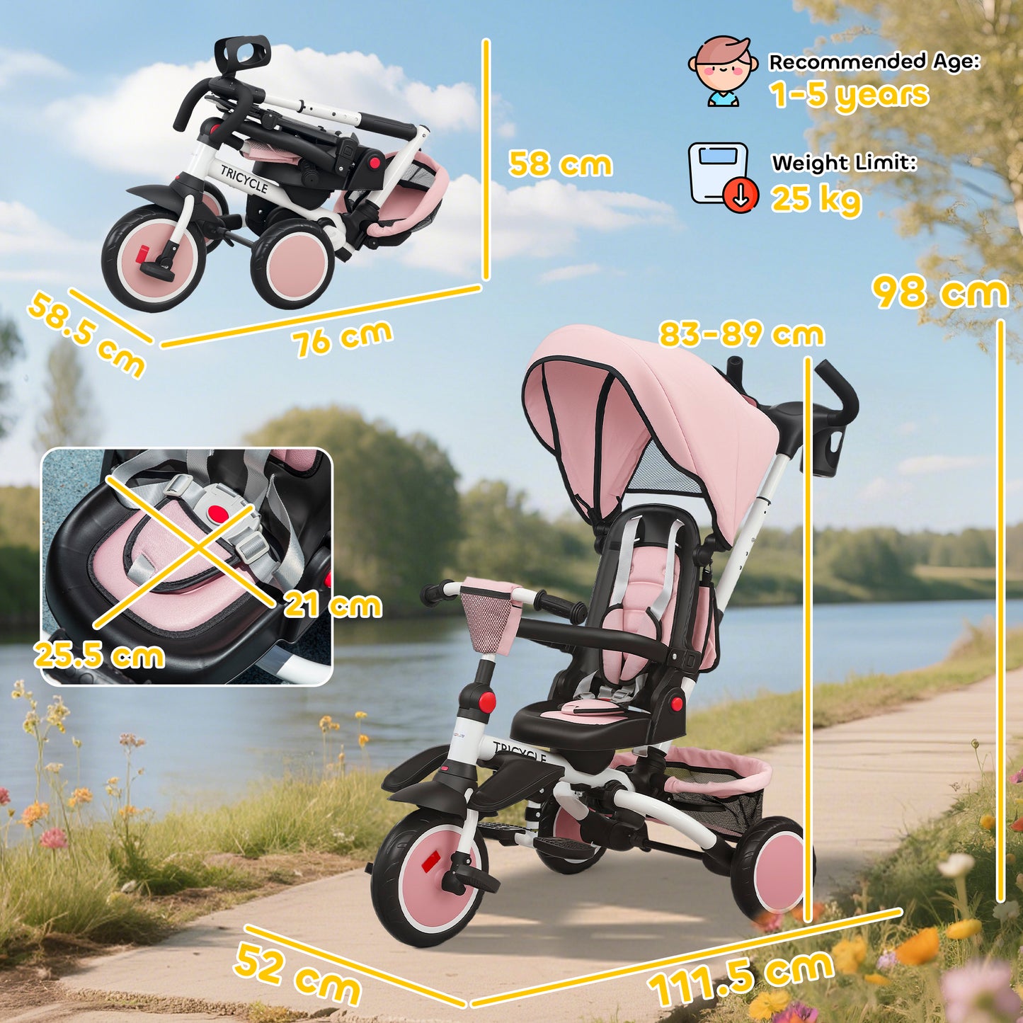 6 in 1 Foldable Kids Trike with Adjustable Parent Handle & Canopy