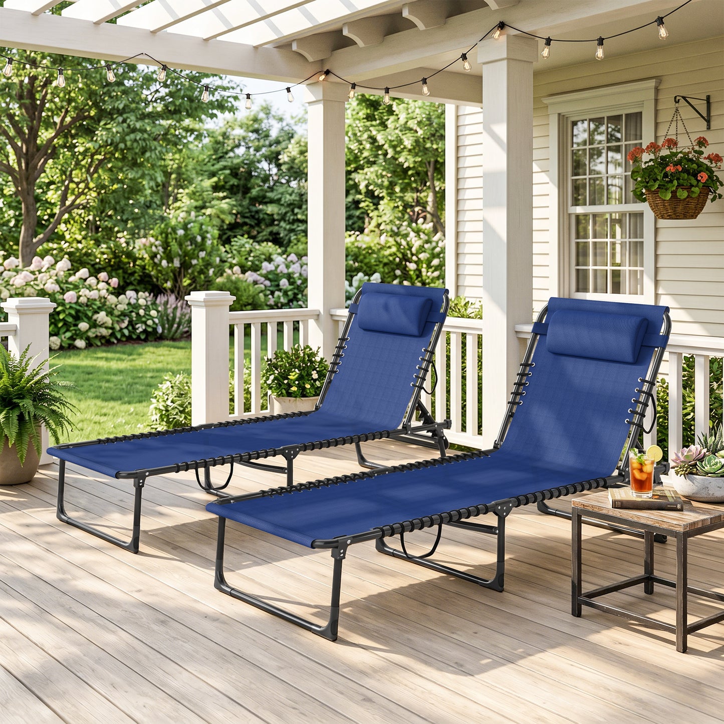 Set of Two Folding Sun Loungers, with Four-Position Backs