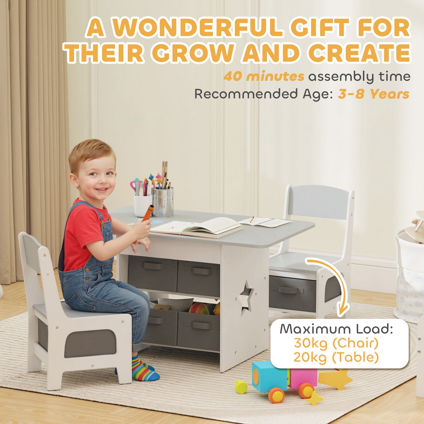 Kids Table and Chair Set, Toddler Table and 2 Chairs Set