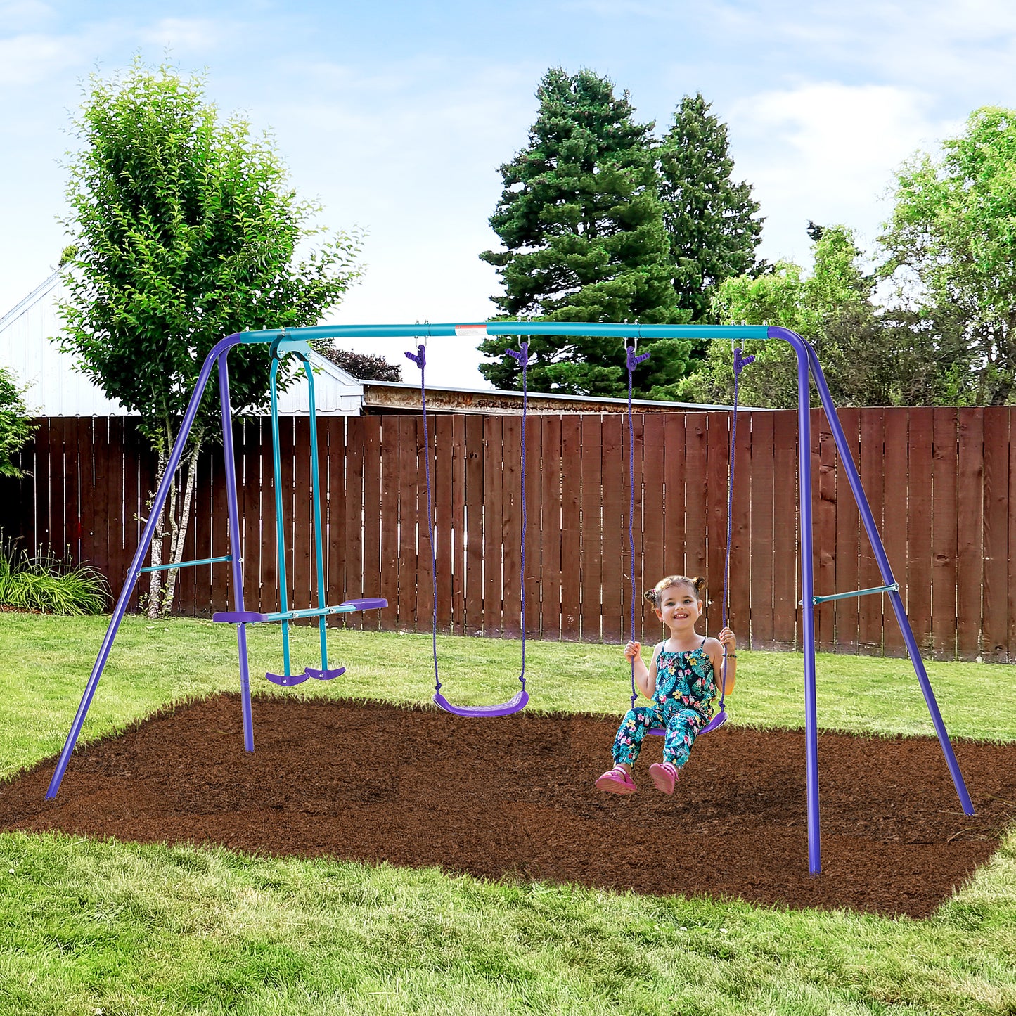 Metal Swing Set, with Seesaw, Adjustable Height, for Ages 3+ Years