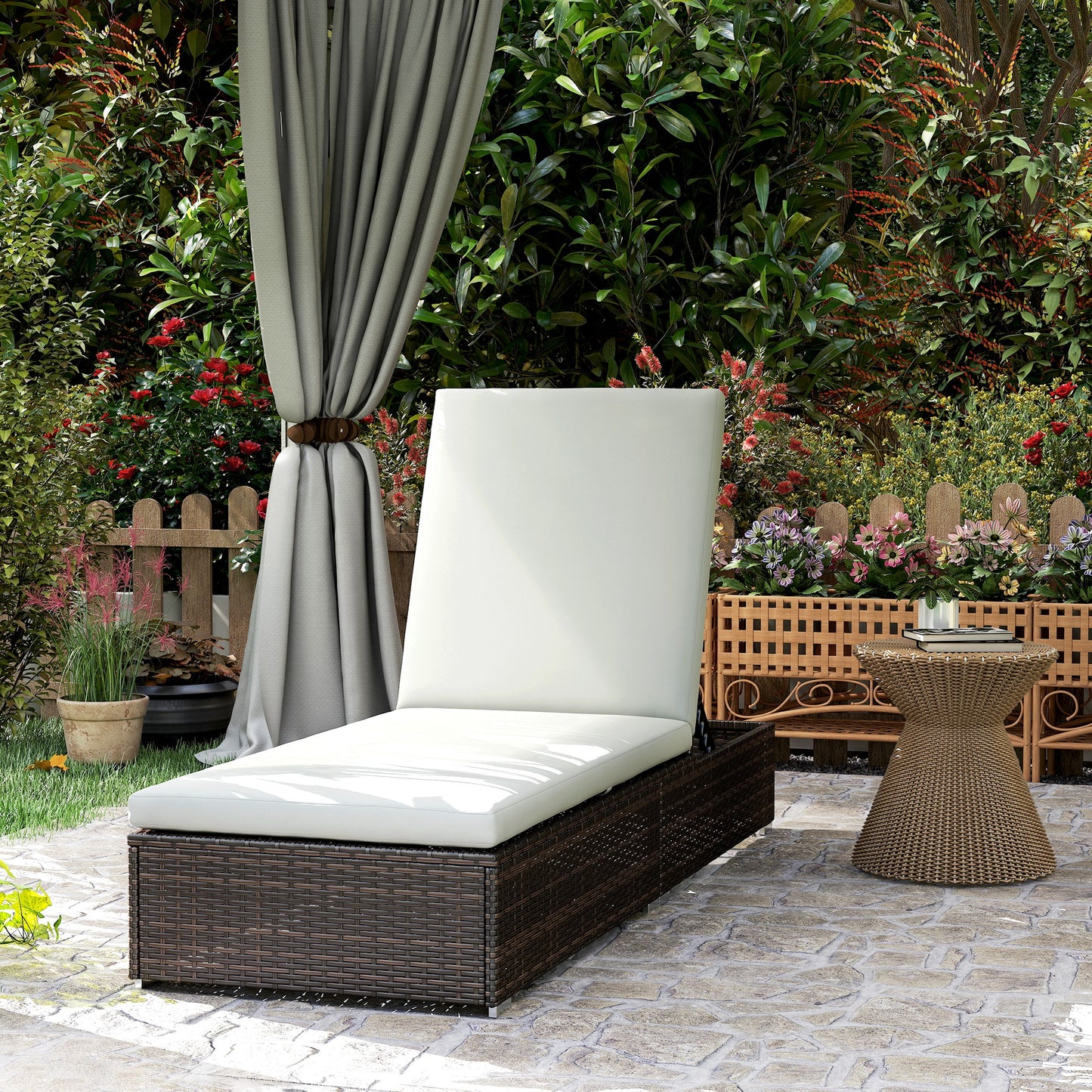 PE Rattan Sun Lounger, Five-level Adjustable Recliner Bed Chair