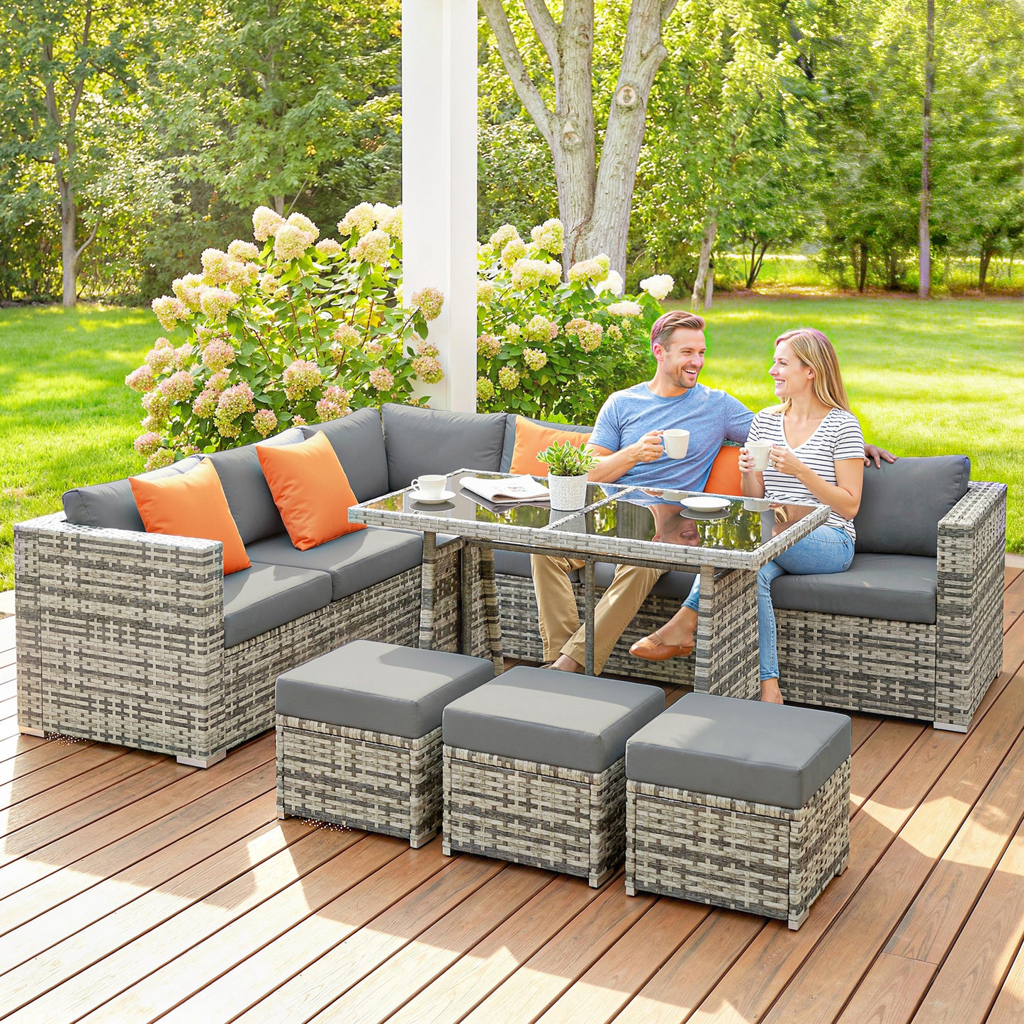 10 Piece Rattan Garden Furniture Set, 3 Corner Sofas with 3 Chairs