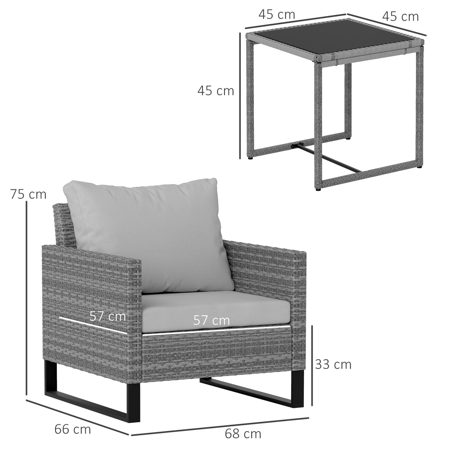 3 Pieces Rattan Bistro Set with 4 Cushions