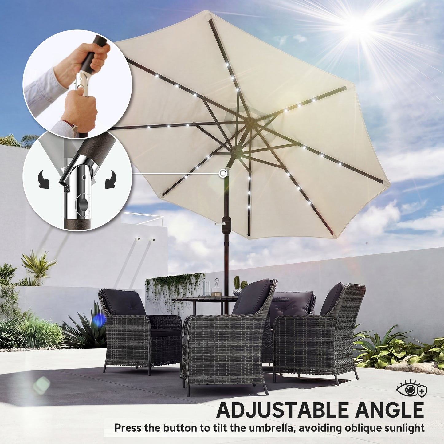 2.6 m Garden Parasol Umbrella with LED Solar Light, Parasol Cover