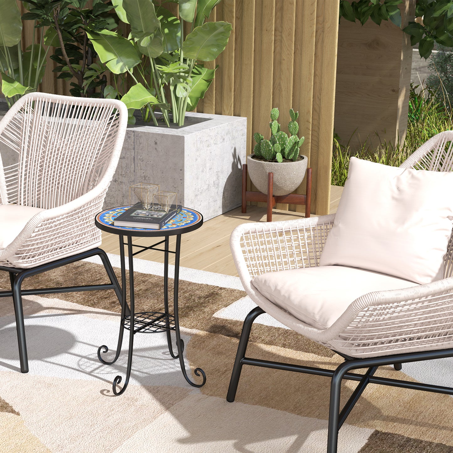Mosaic Garden Table, 35.5 cm Round Outdoor Table with Shelf