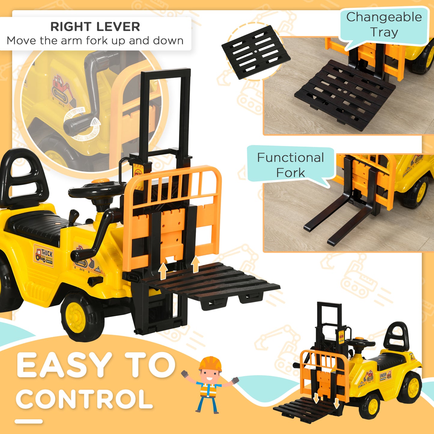 Kids Ride-On Construction Car, with Fork, Tray, Sounds