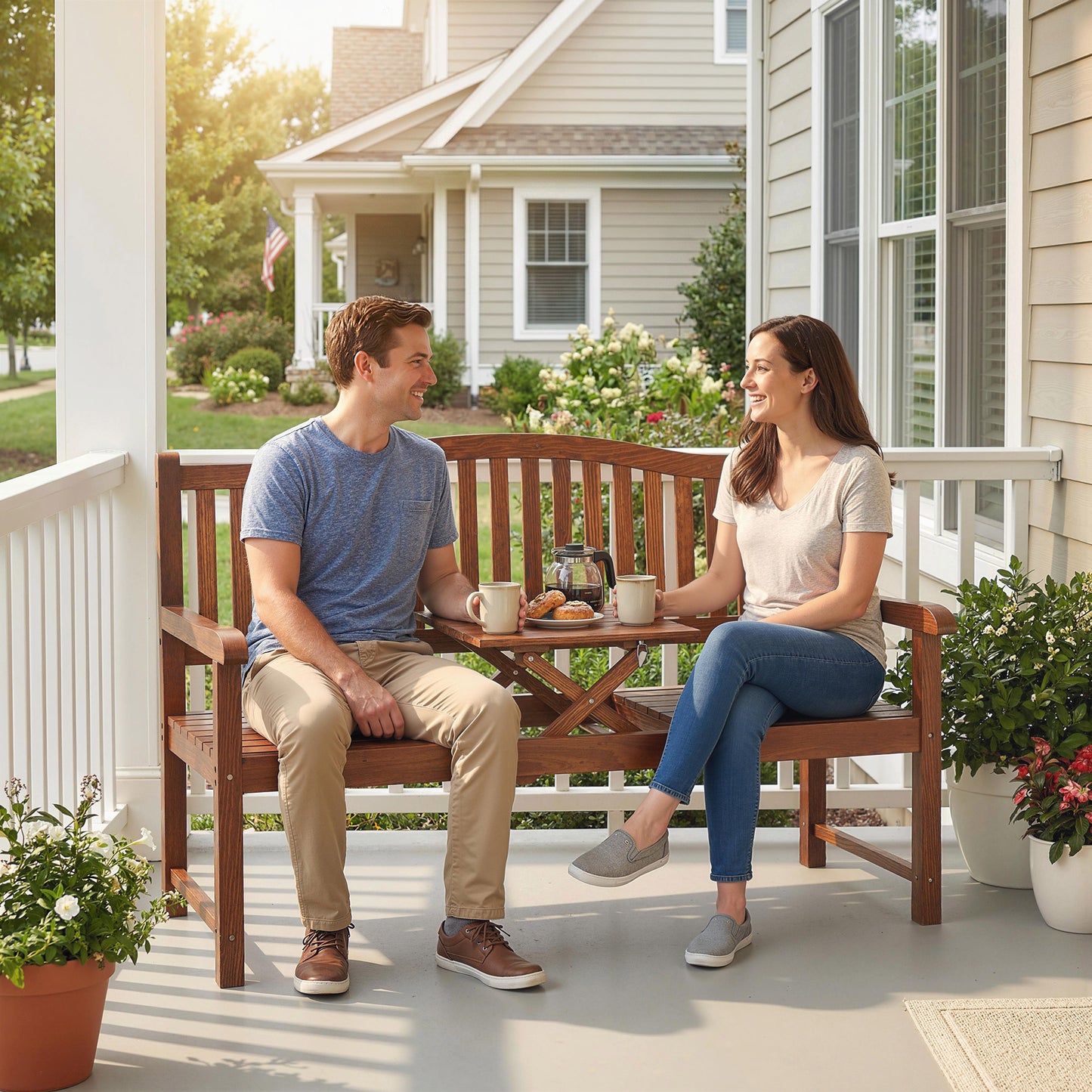 Garden Loveseat Bench, 2-3 Seater Outdoor Bench with Liftable Table