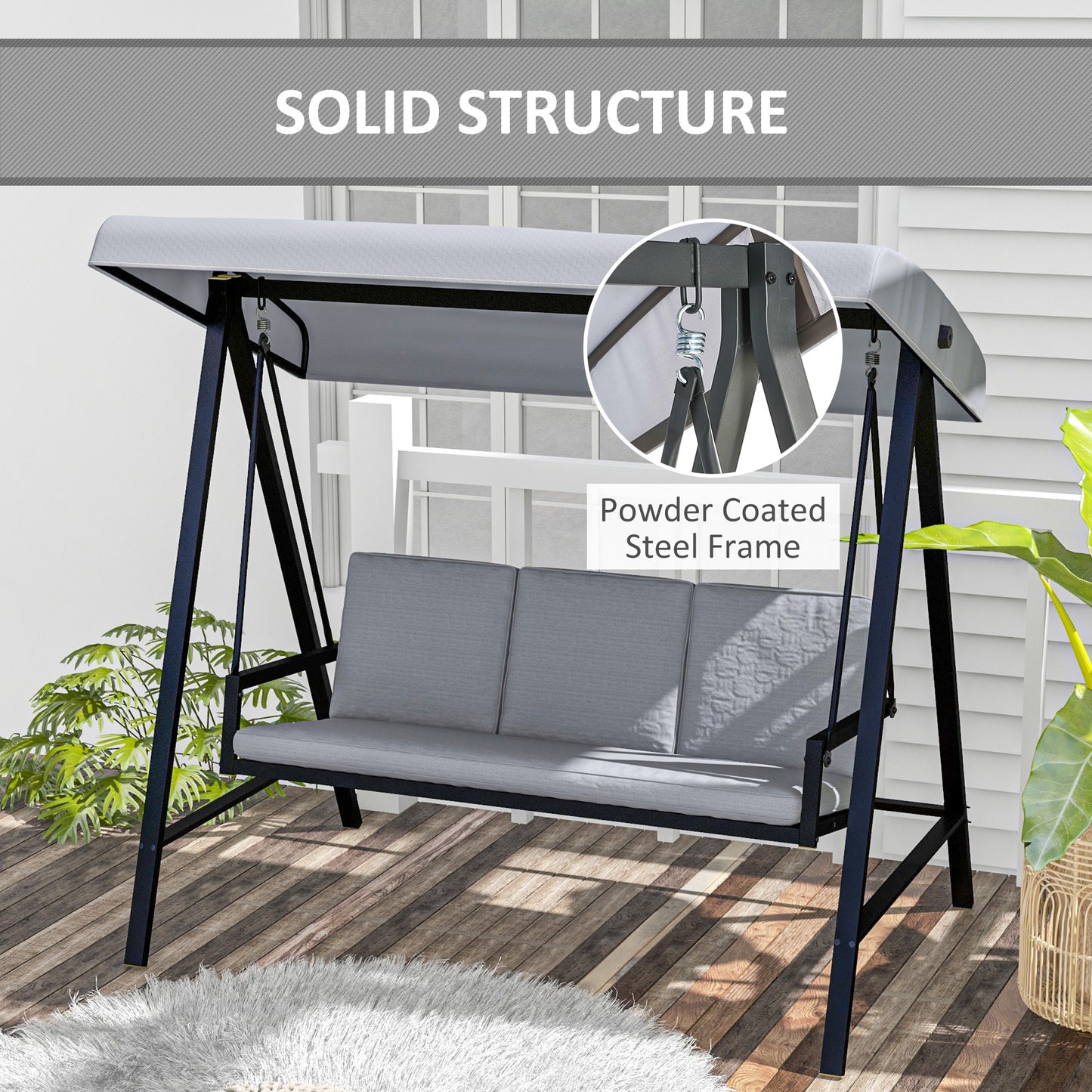 Three-Seat Garden Swing Chair, with Adjustable Canopy