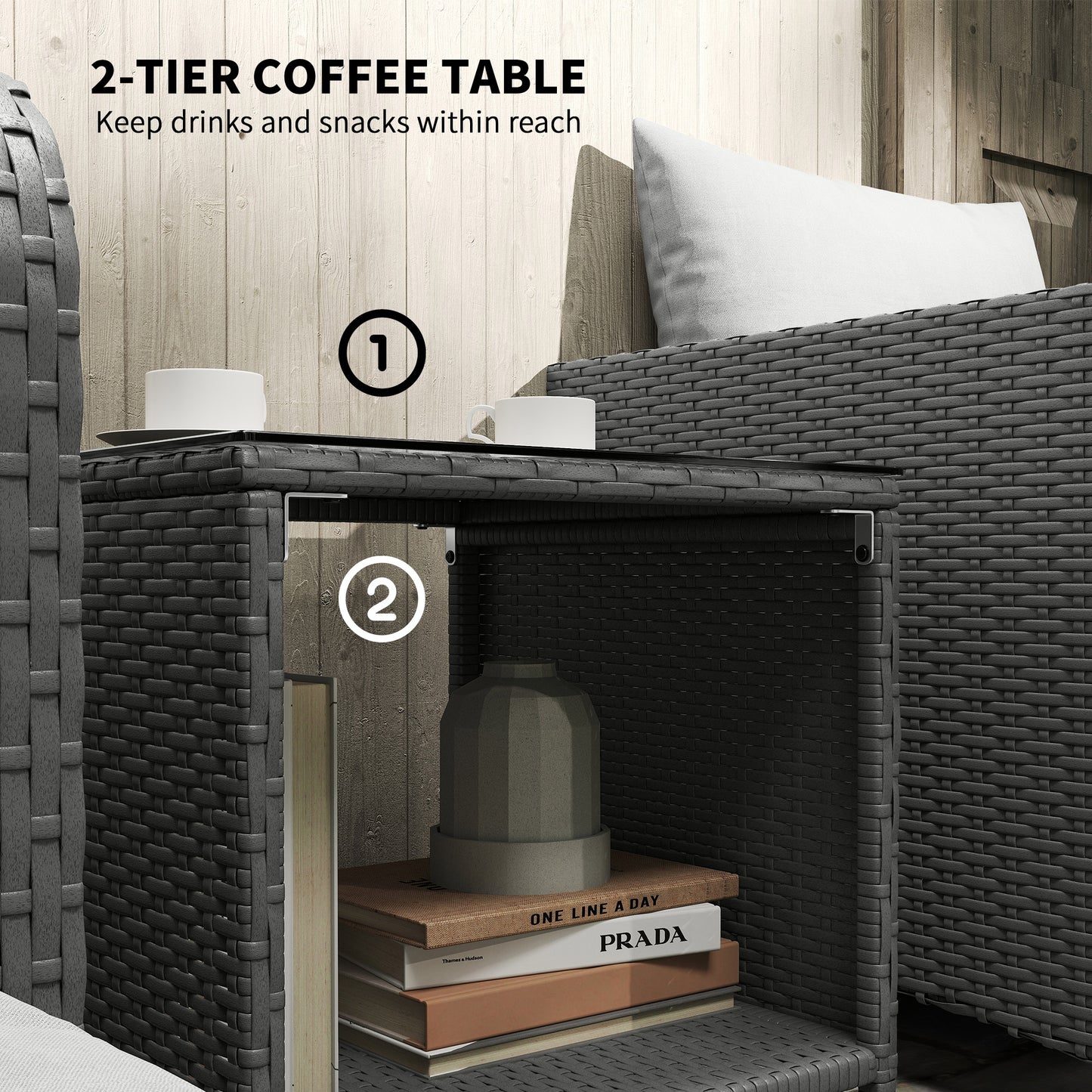 Five Piece Rattan Garden Furniture Set with 2-Tier Coffee Table