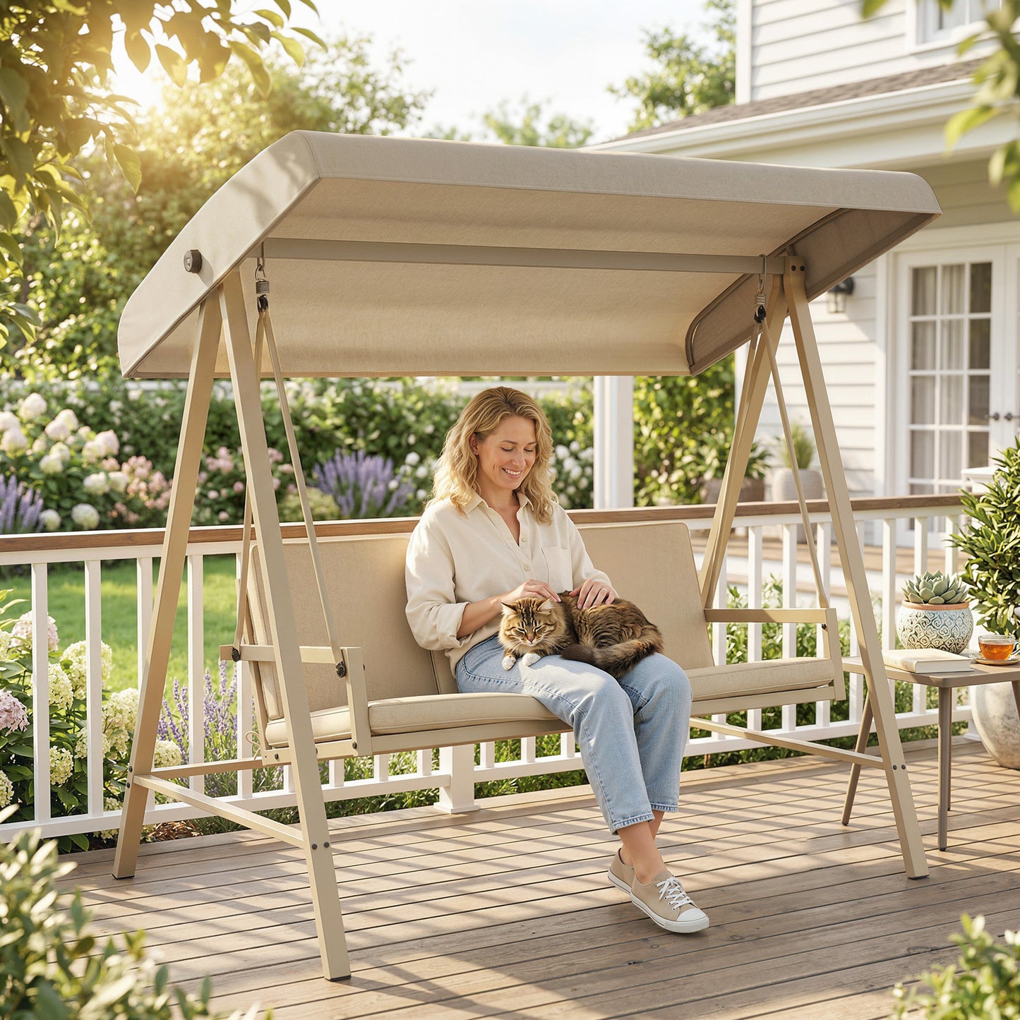 Three-Seat Garden Swing Chair, with Adjustable Canopy