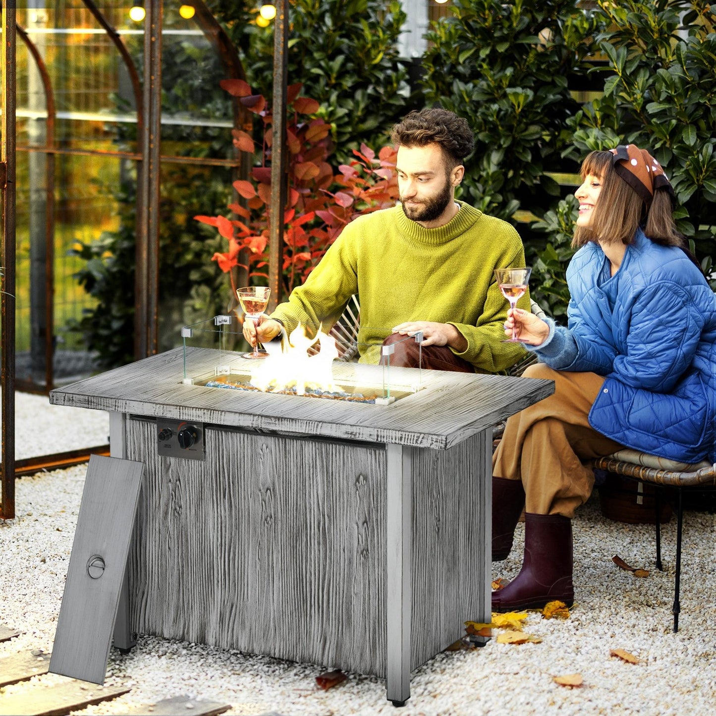 50,000 BTU Gas Fire Pit Table with Cover and Glass Screen