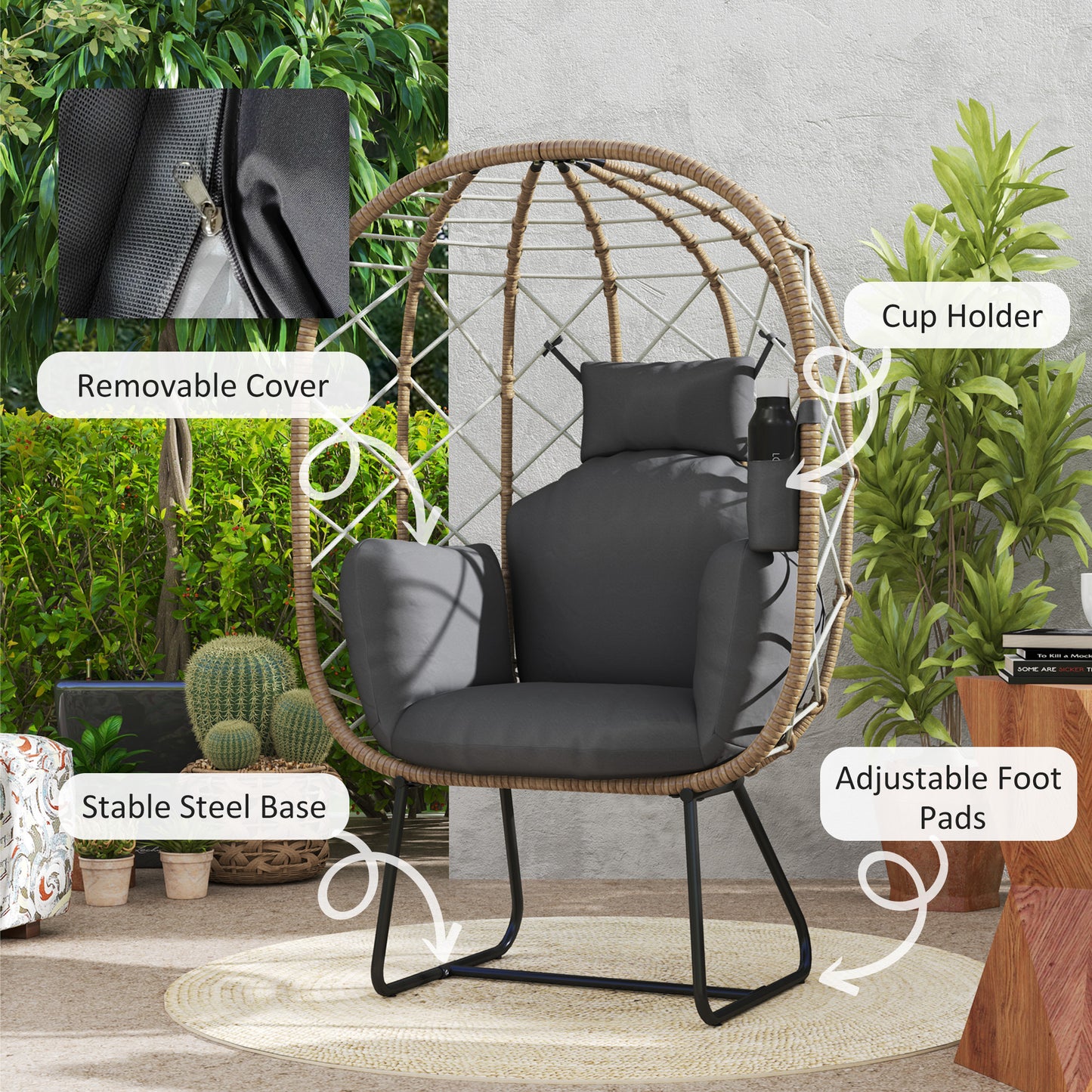 Rattan Egg Chair Outdoor Indoor Wicker Chair with Thickened Cushion