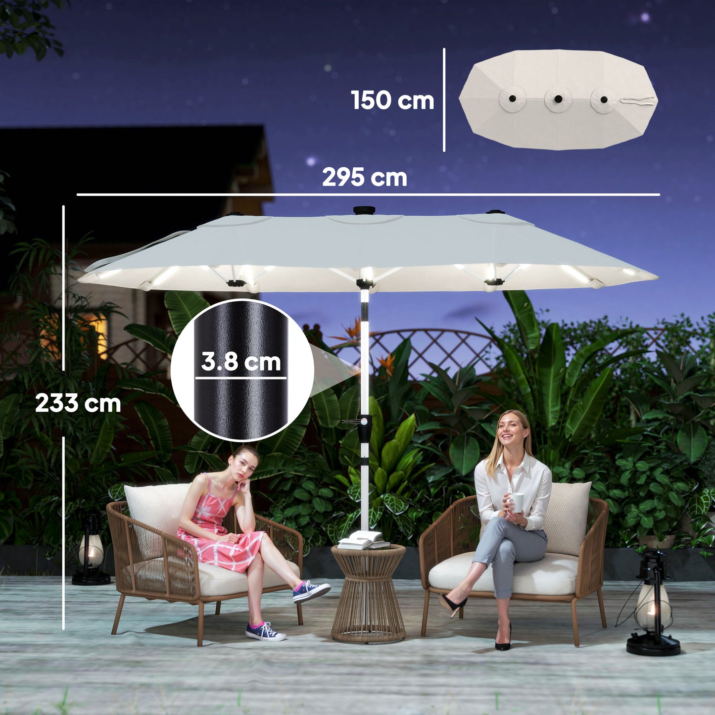 3 m Double-Sided Garden Parasol with LED Solar Lights