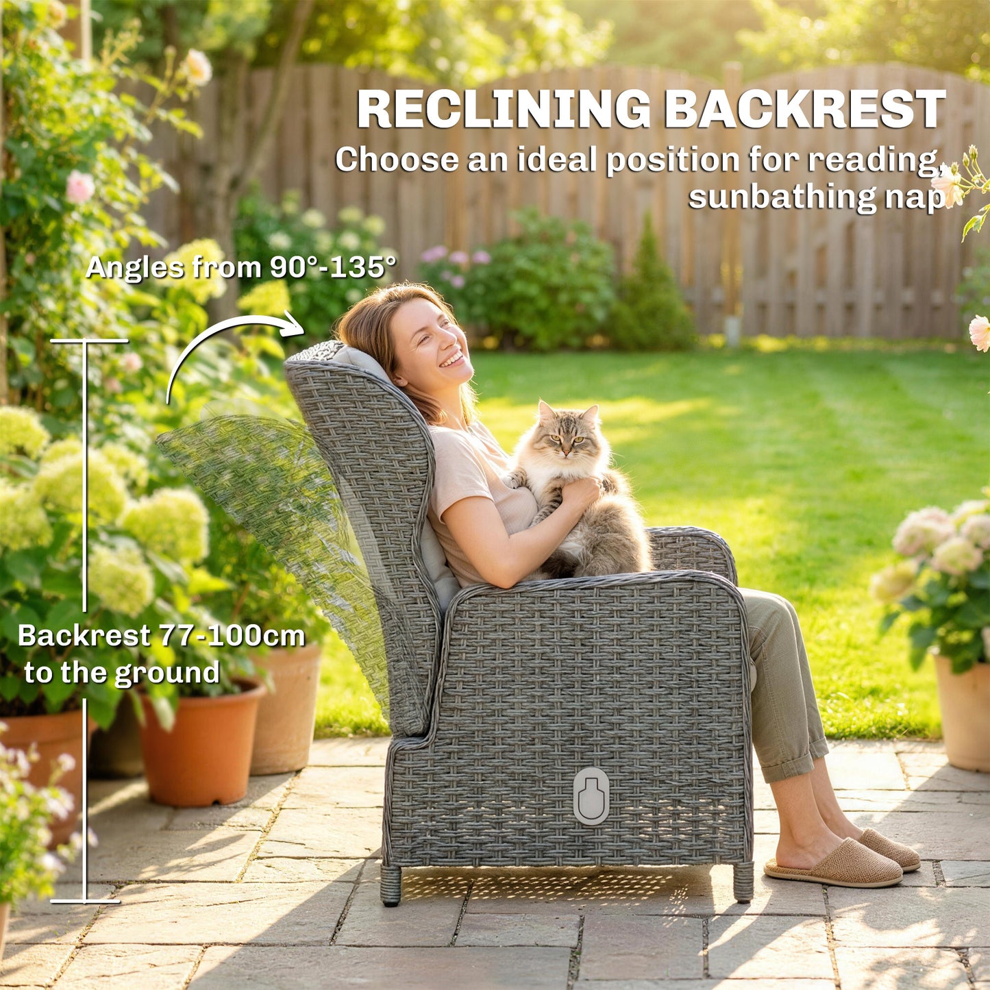 Rattan Reclining Garden Chair Set of 2 with Footstool and Cushion