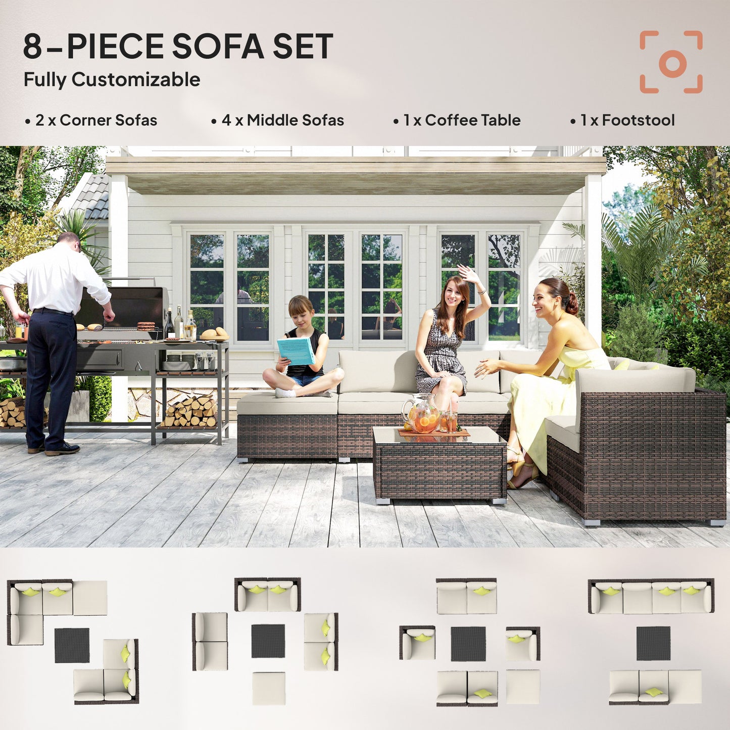 8 Piece Rattan Corner Sofa Set with Wide & Deep Seat