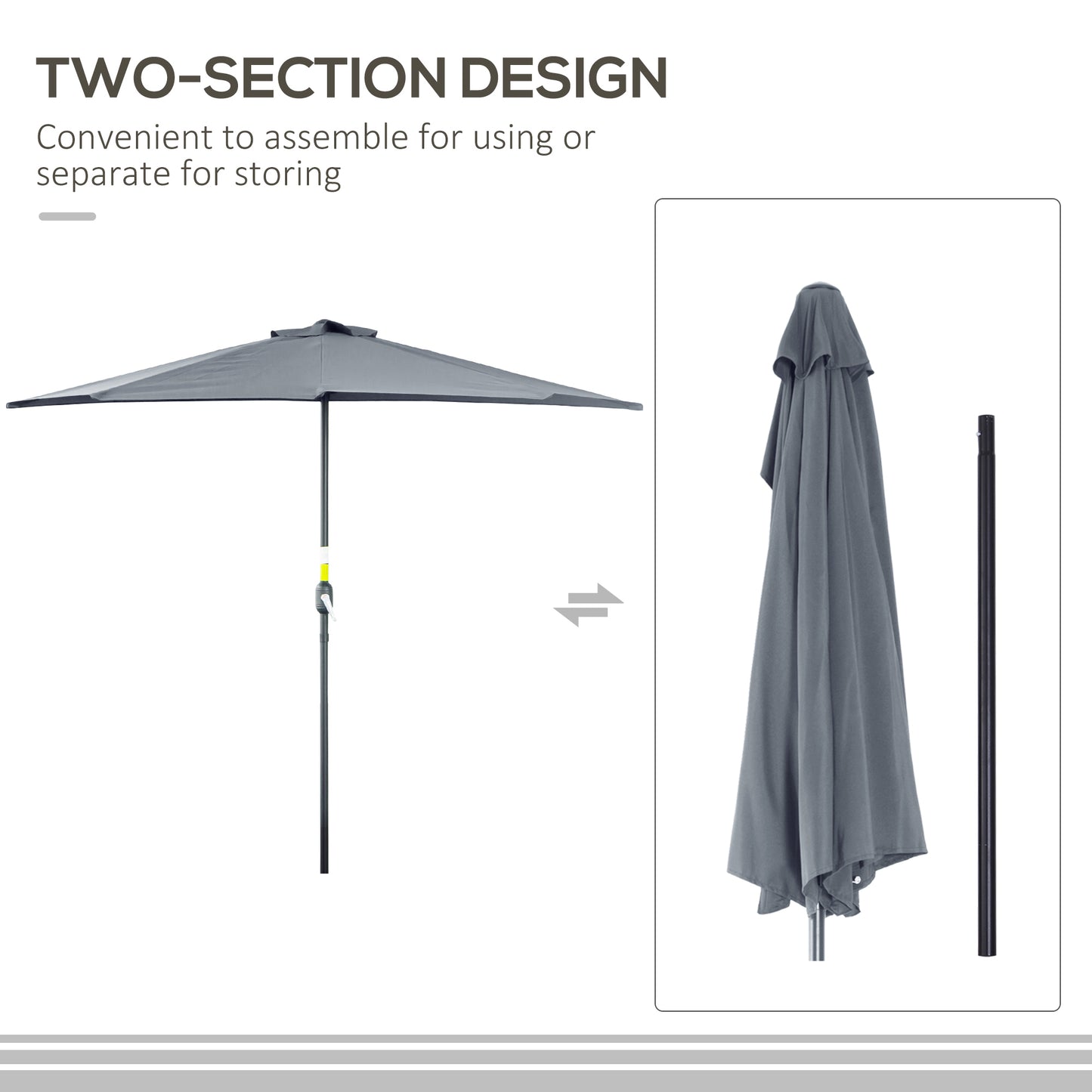 2.7m Garden Half Parasol, Outdoor Balcony Umbrella with 5 Steel Ribs