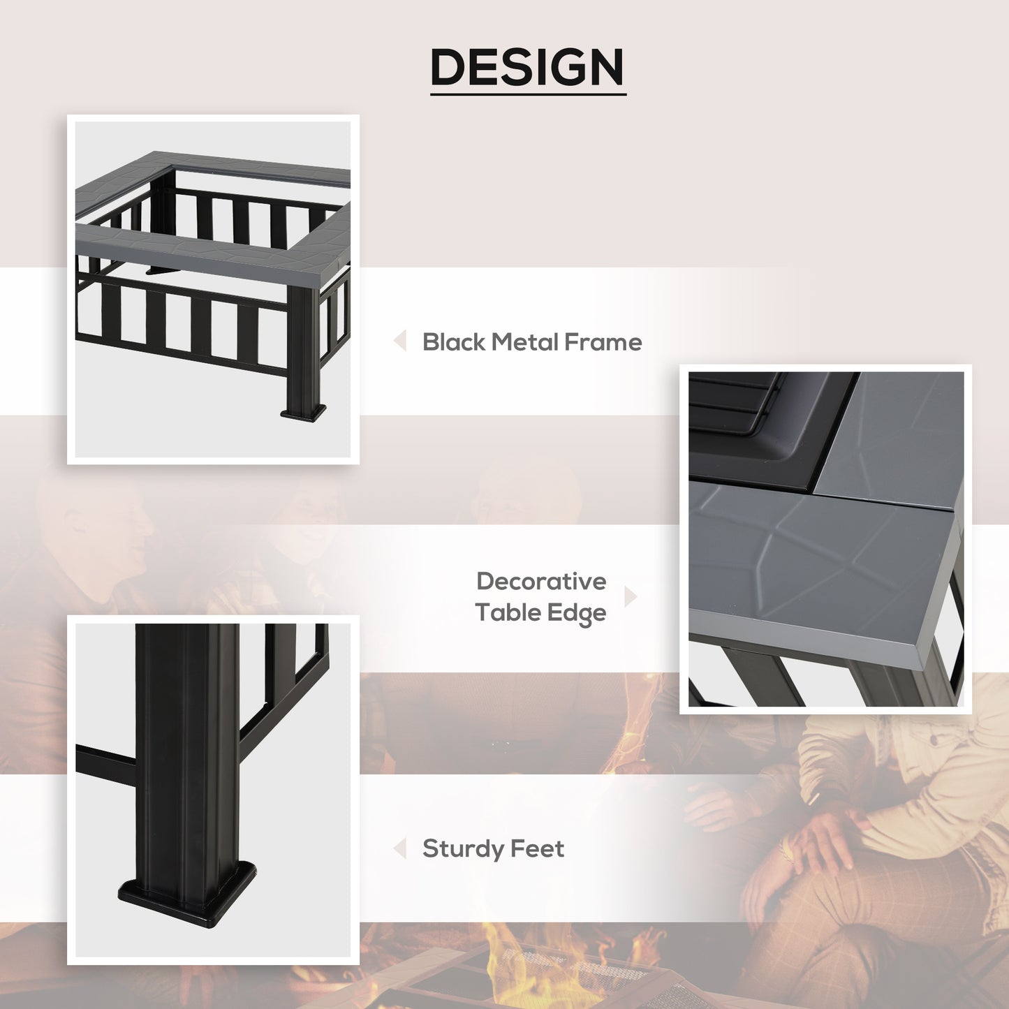 Metal Large Firepit Outdoor Square Fire Pit Brazier with Rain Cover