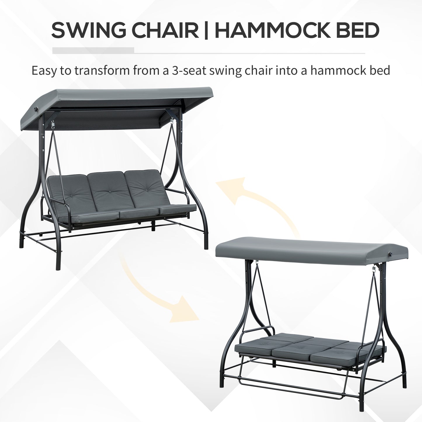 3 Seater Canopy Swing Chair, 2 in 1 Garden Swing Seat Bed