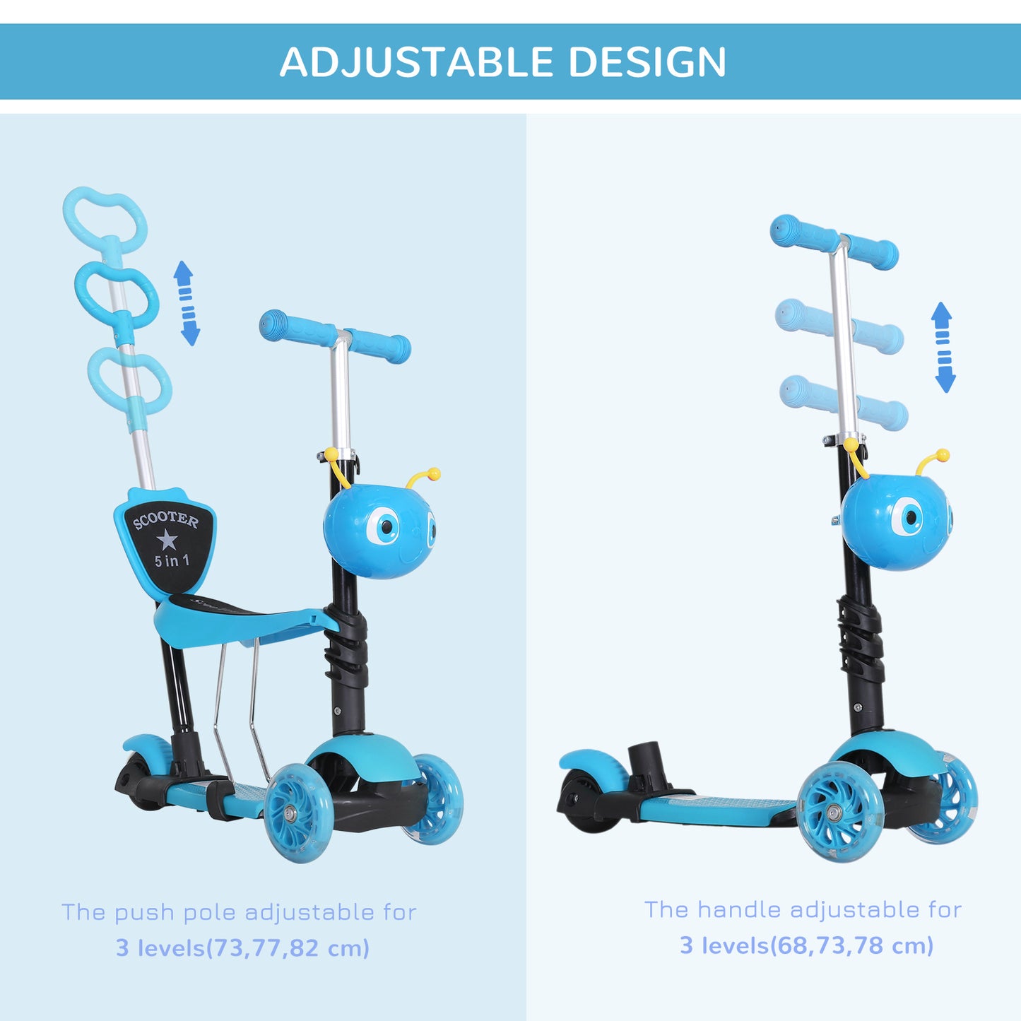 Adjustable Kids Toddler Scooter, with Removable Seat, Back Handle