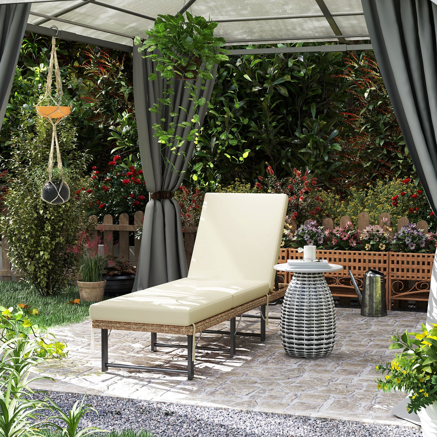 Single Folding Rattan Sun Lounger, with Cushion