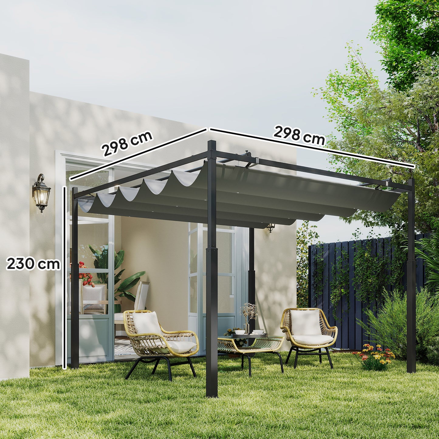 3 x 3(m) Metal Pergola with Retractable Roof and Magnetic Fixture