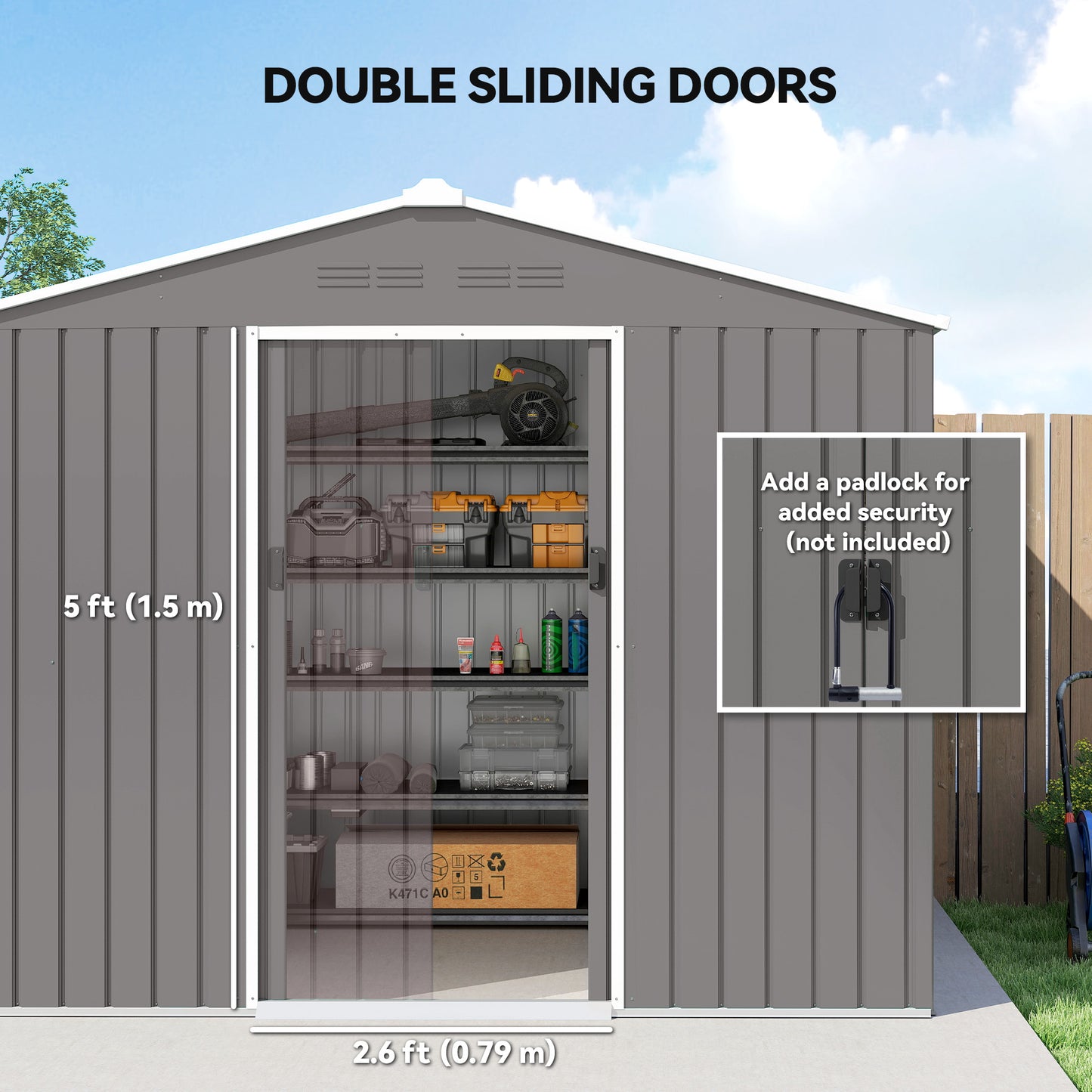 8 x 6ft Galvanised Steel Shed, with Double Door