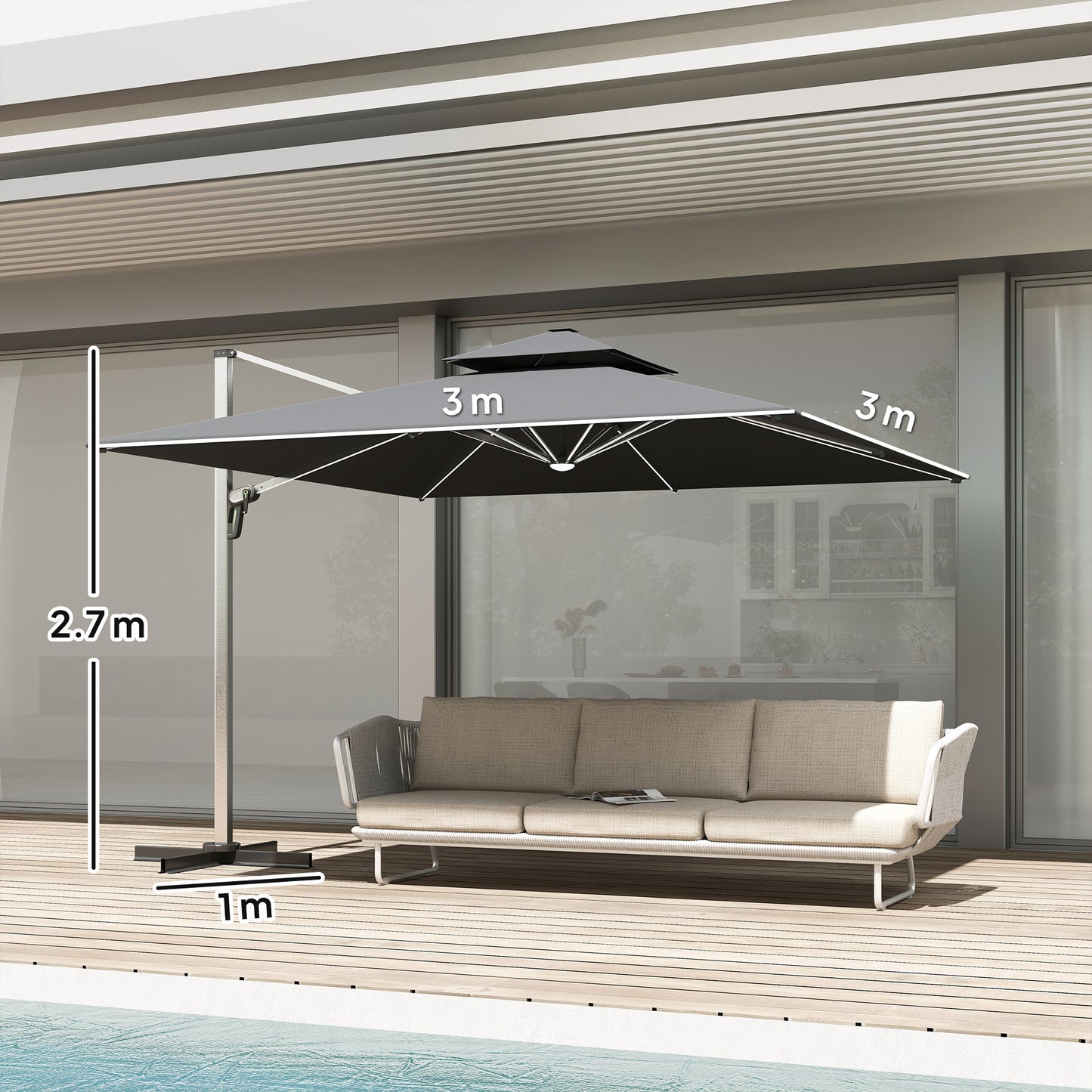 3(m) Garden Cantilever Parasol with Solar LED Lights, Cross Base