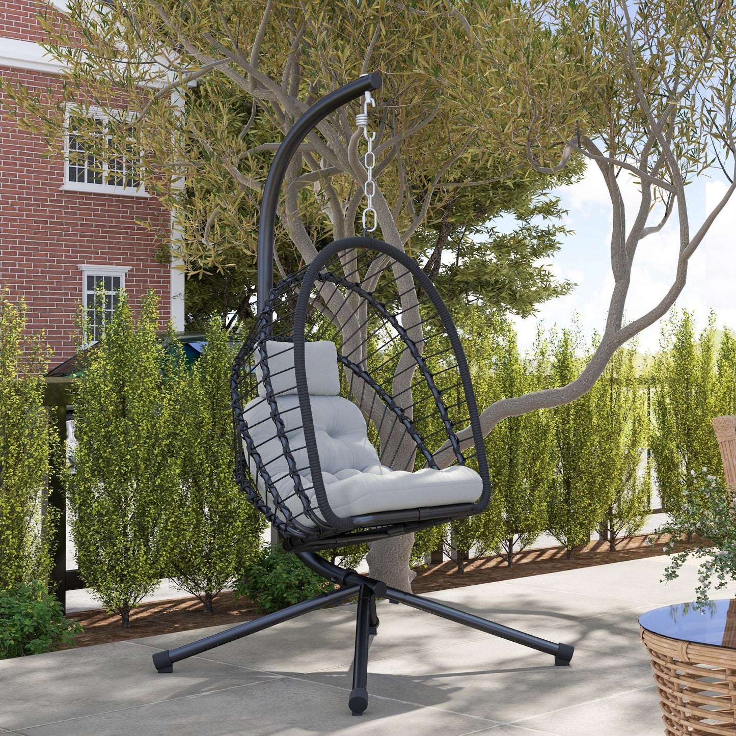 Outdoor PE Rattan Swing Chair with Foldable Basket and Cushion