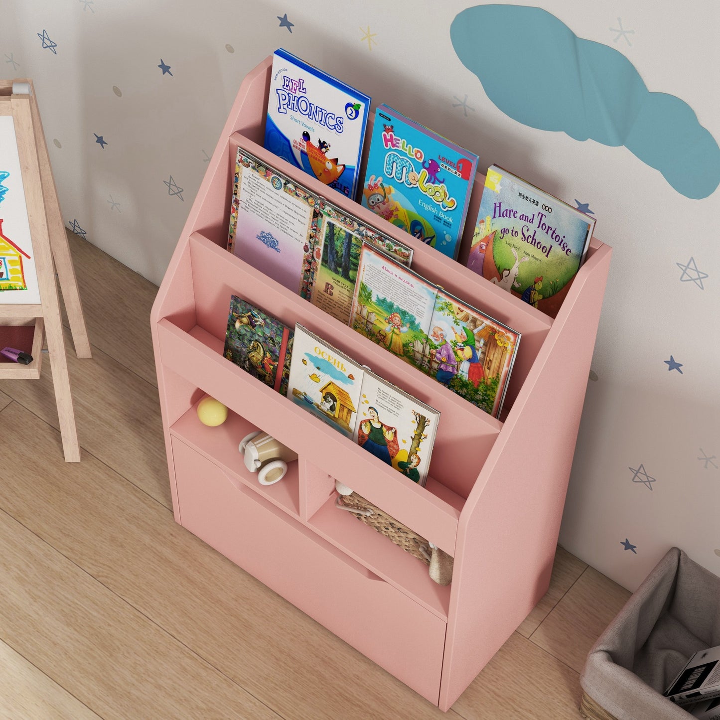 Kids Bookshelf, Toy Organiser, with Storage Drawer, Wheels