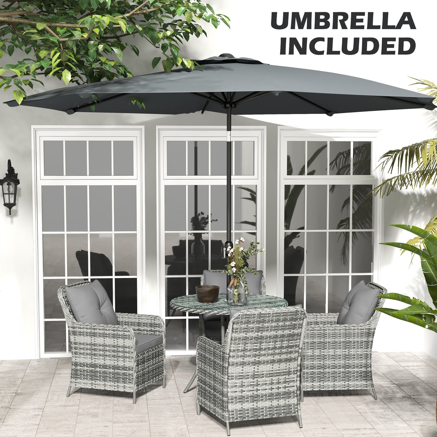 4 Seater Rattan Dining Set with Parasol & Cushions