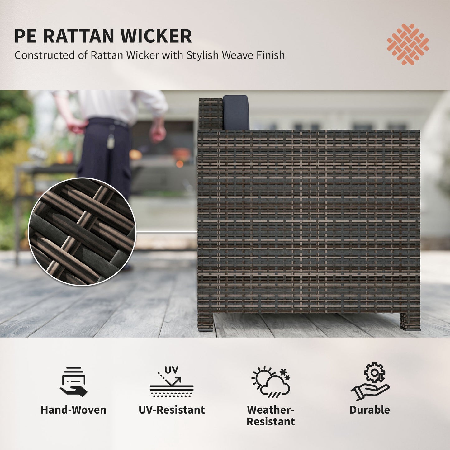 PE Rattan Garden Armchair with Cushion - Mixed Brown/Navy