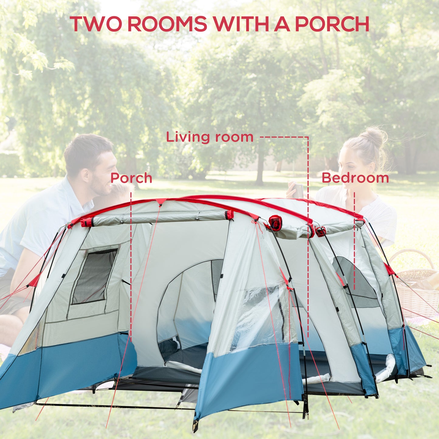 6-8 Person Tunnel Tent, Camping Tent with Bedroom, Living Room