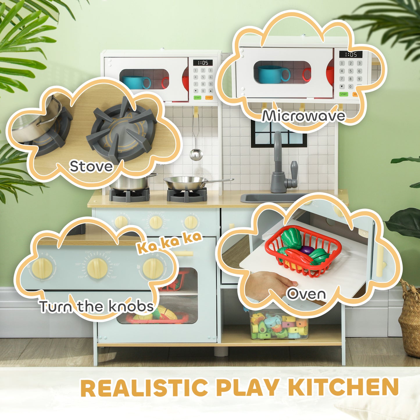 Pretend Play Kitchen, Kids Kitchen Playset with Light & Sound Stove
