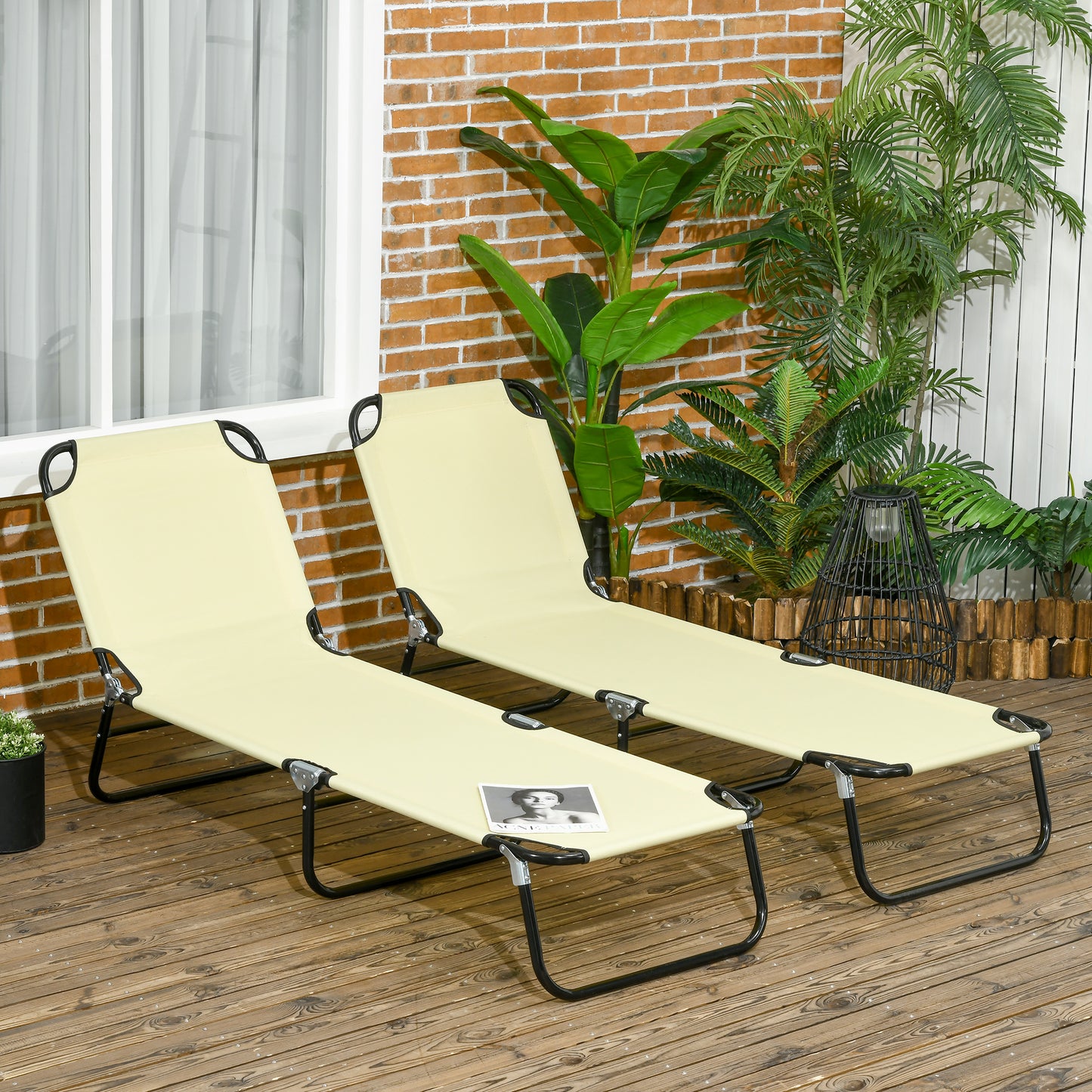 Set of Two Metal Frame Folding Sun Loungers