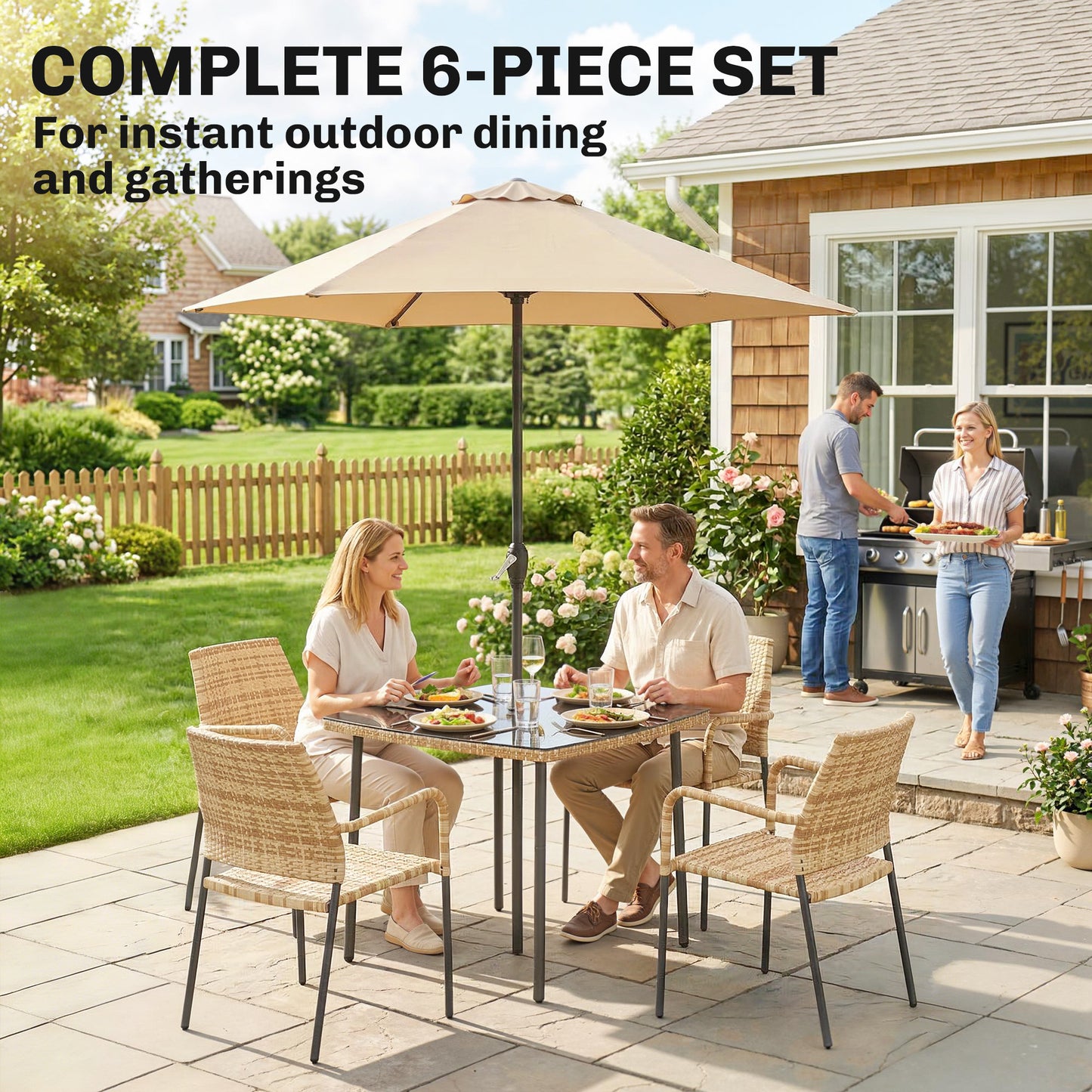 4 Seater Rattan Dining Set with Parasol