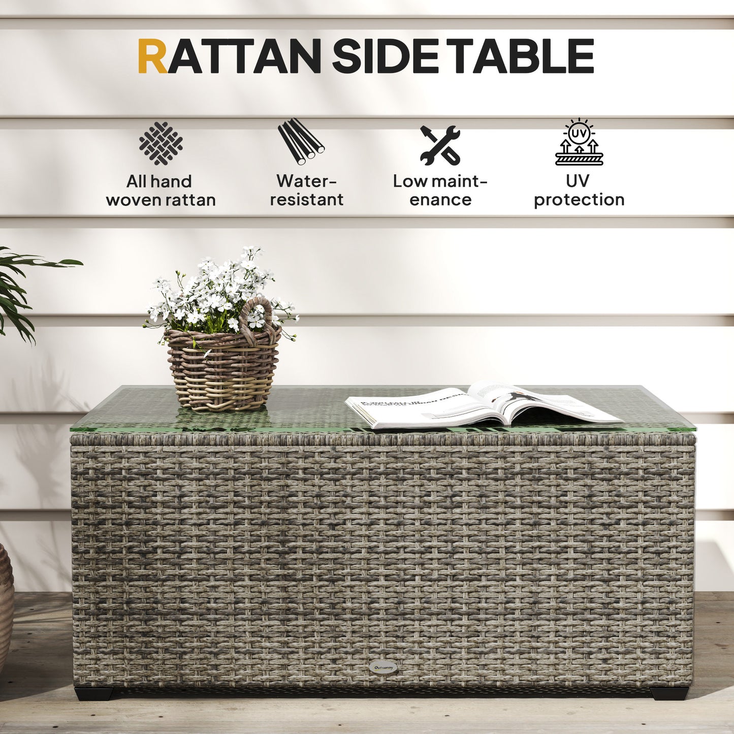 90 x 50cm Glass-Top Rattan Side Table