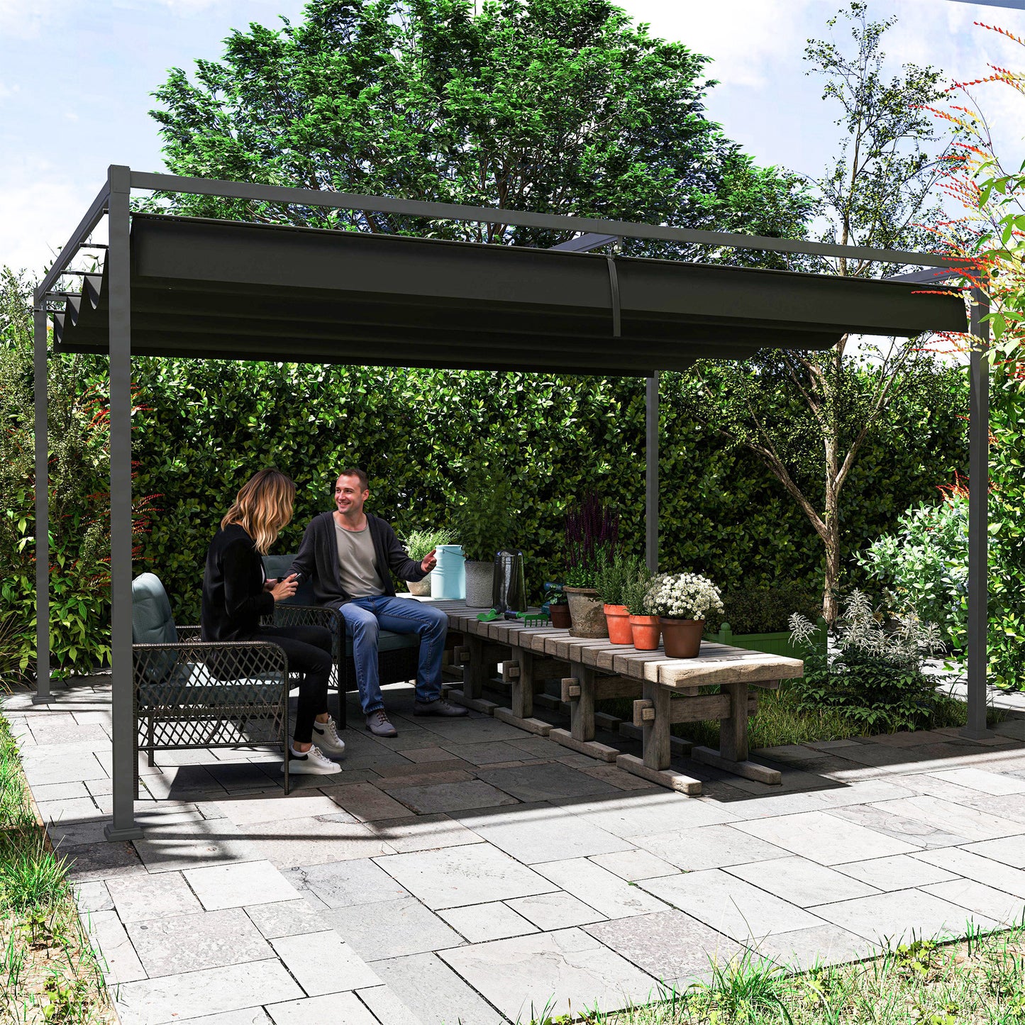 4 x 3m Metal Pergola, with Retractable Canopy Roof