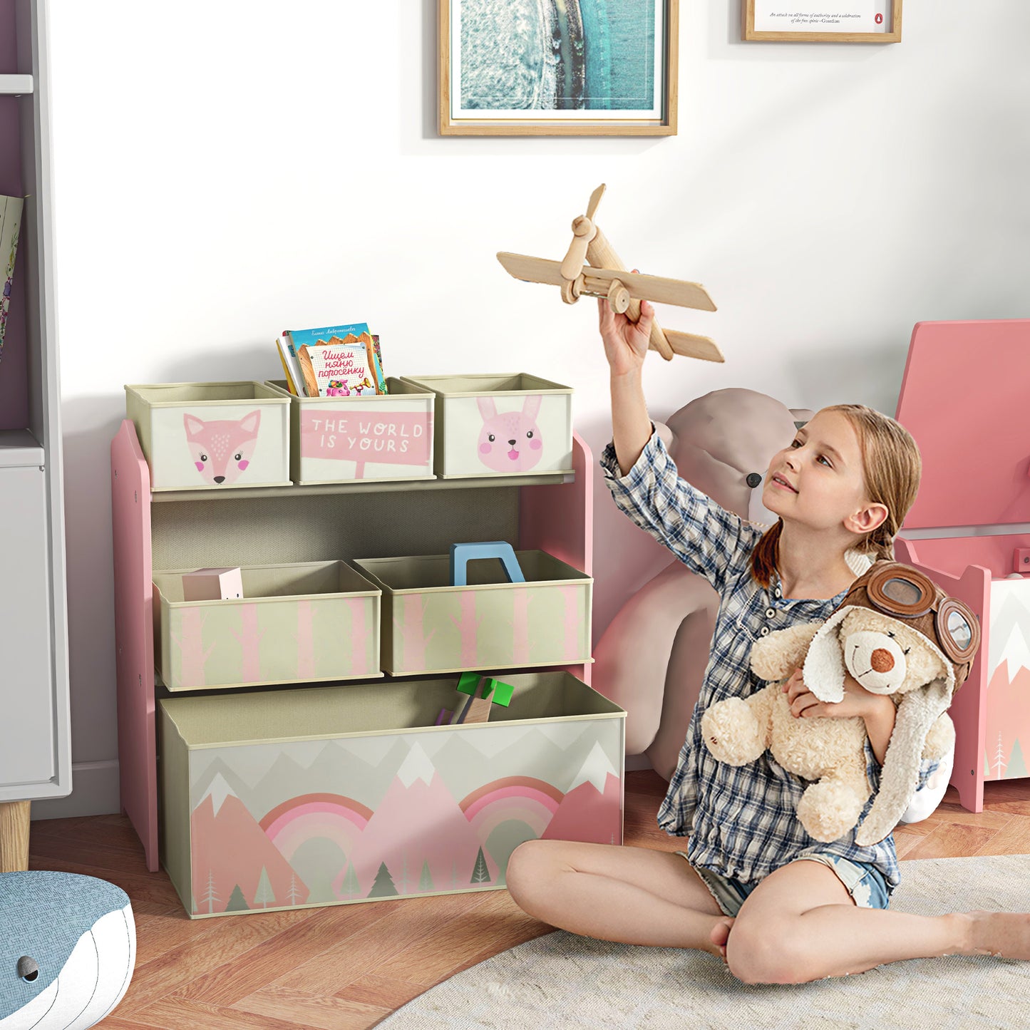 Kids Storage Unit, Toy Storage Organiser, with Six Fabric Bins