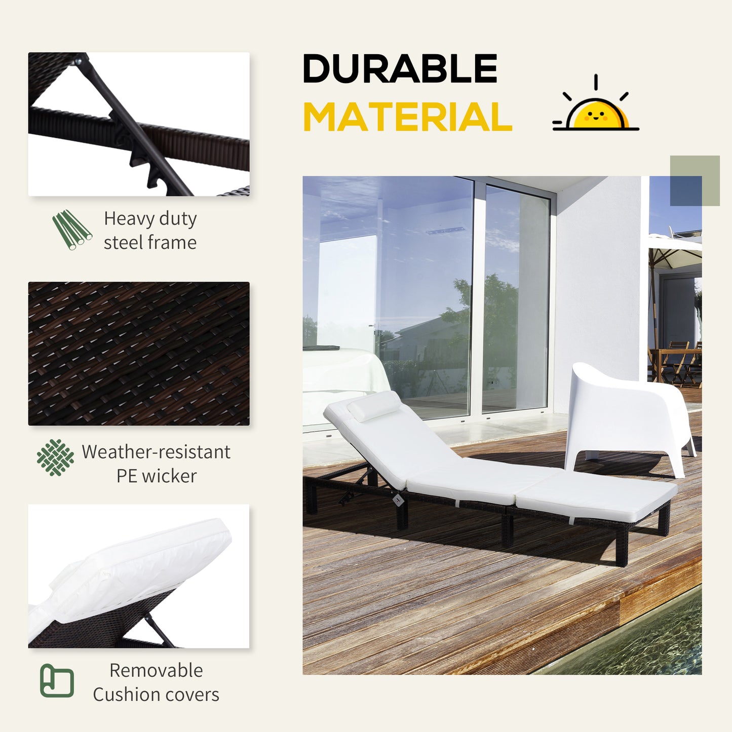 Rattan Sun Lounger, 5-Level Adjustable Garden Lounger Recliner