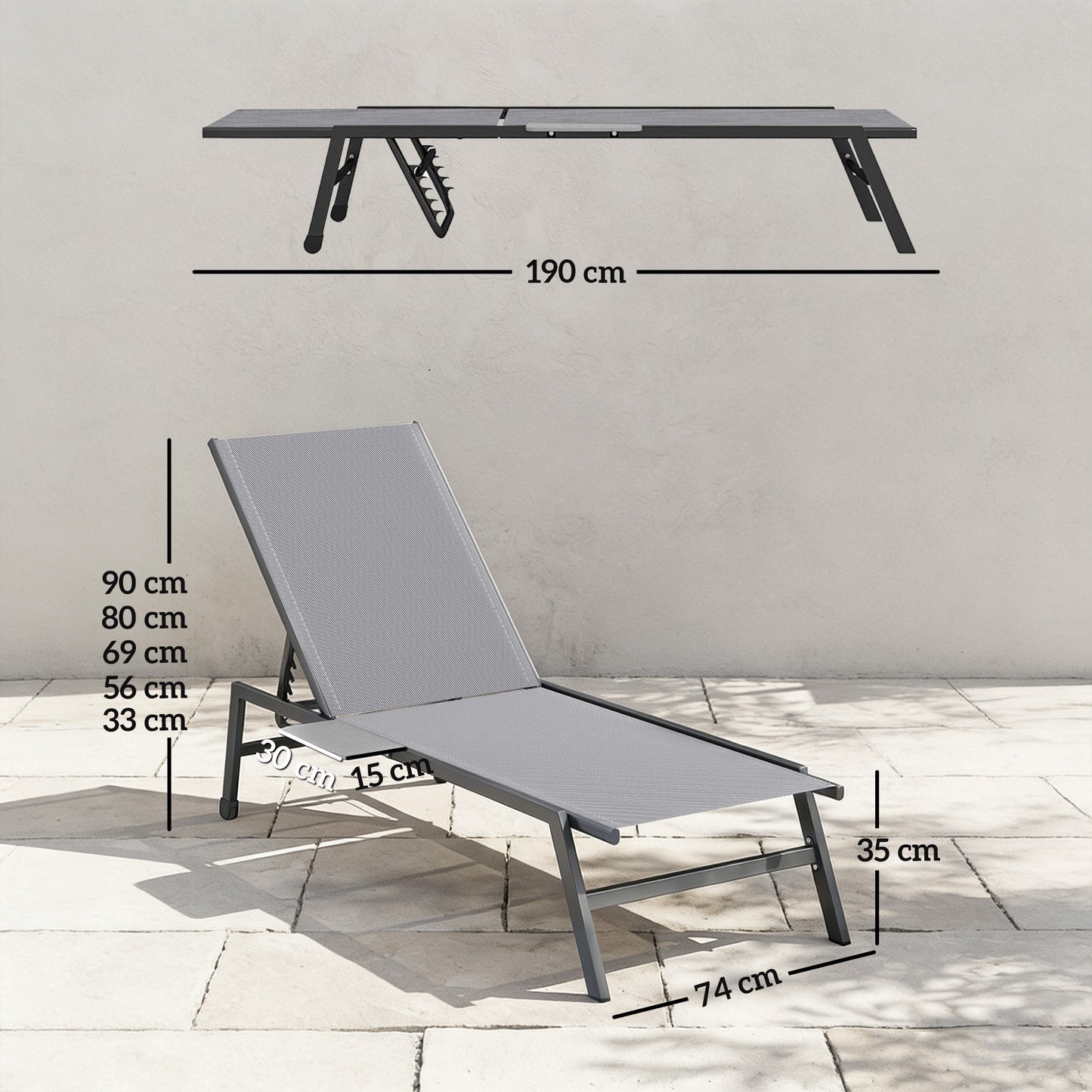 Sun Loungers Set of 2 with Side Tray Table
